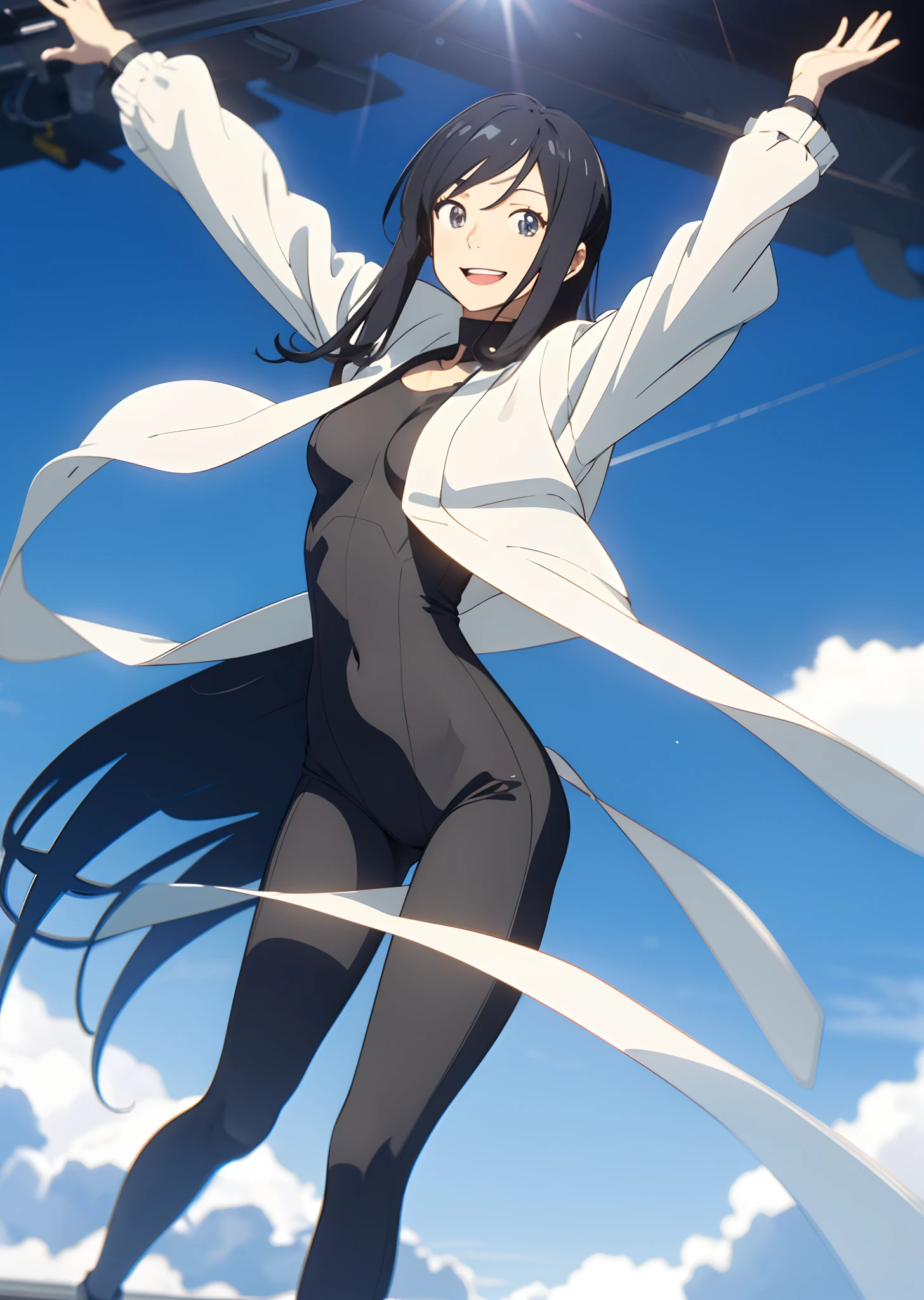 A two-dimensional anime girl,black color hair,Full of smiles,Welcome with open arms。