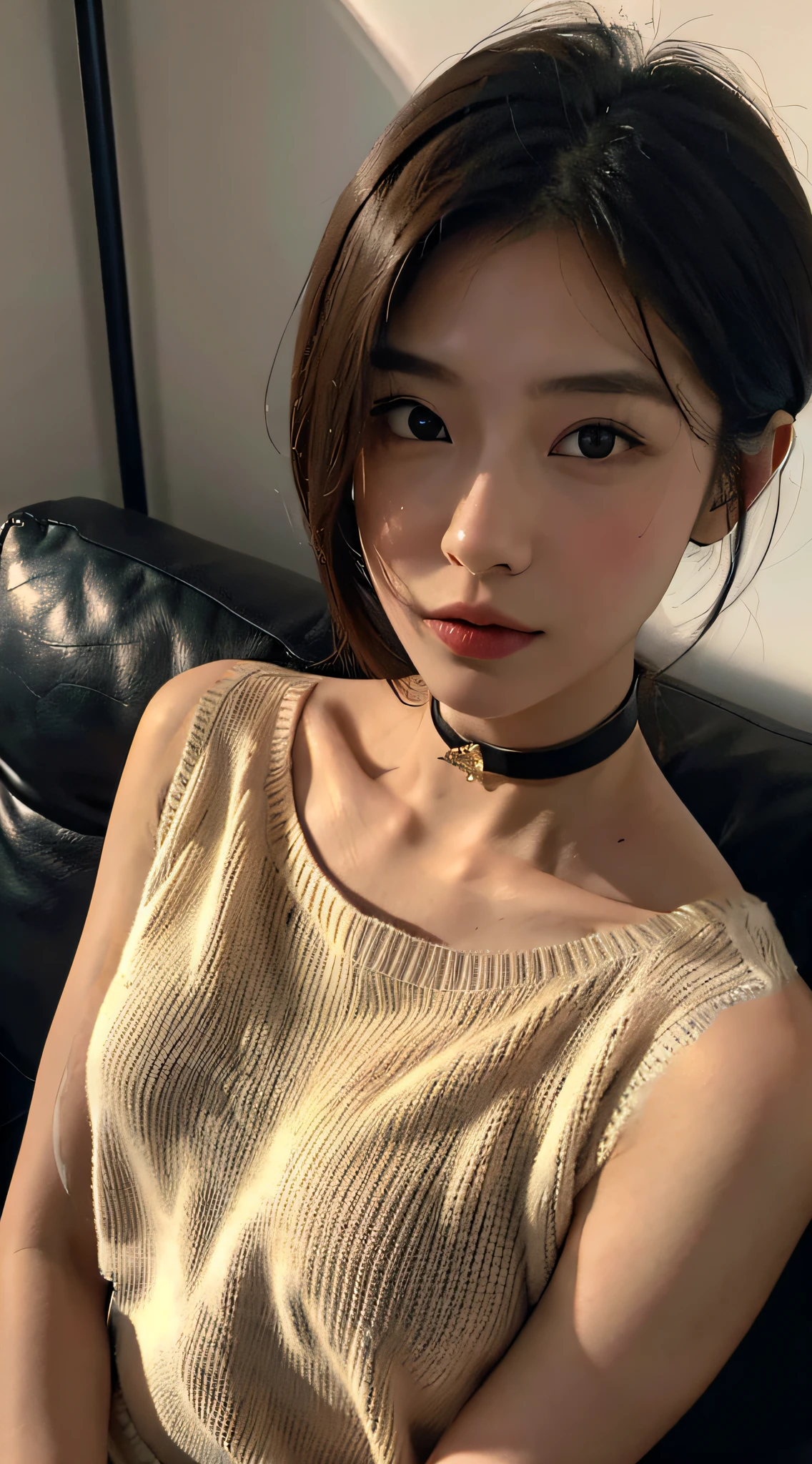 A close up of a woman sitting on a couch wearing a sweater - SeaArt AI
