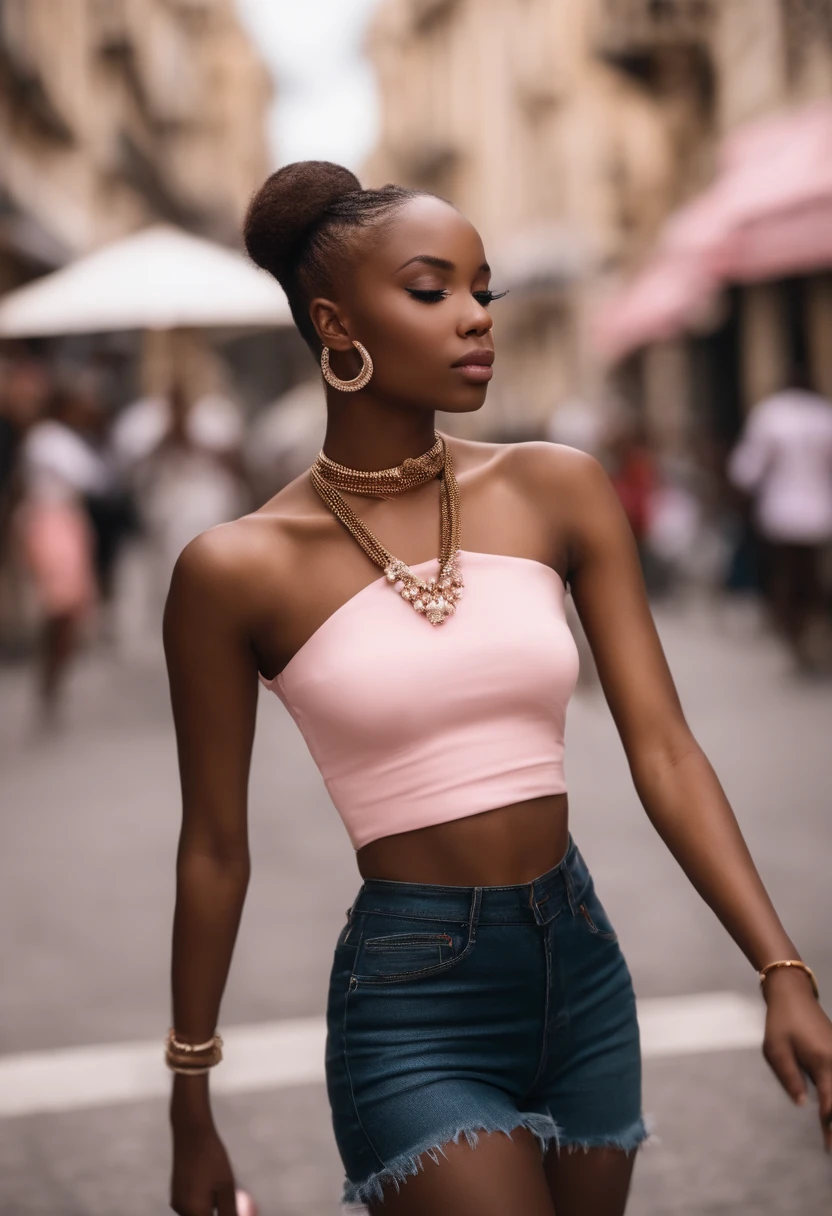 Create an image for me,une jeune fille de 19ans d'orginer africaine, de la couleur de peau marron, les cheveux longs et Lise du style africain, les yeux couleur rose, Pink lips, elle porte une chemise blanche, un pontallon rose , des ballerines blanc, Africa Street in the background, elle marche, Cartoon Manga Picture Style
