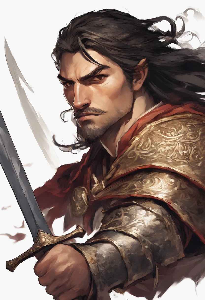 (a young, black-haired man, stubble, a warrior with a sword and shield, medieval fantasy era, white background), [illustration], detailed face and features, strong and muscular build, intense gaze, determined expression, rugged armor, battle-worn, weathered shield, intricate sword with engravings, epic battle scene, dynamic pose, intense lighting, dramatic shadows, vibrant colors, fantasy art style. (best quality, 4k, highres), ultra-detailed, realistic)