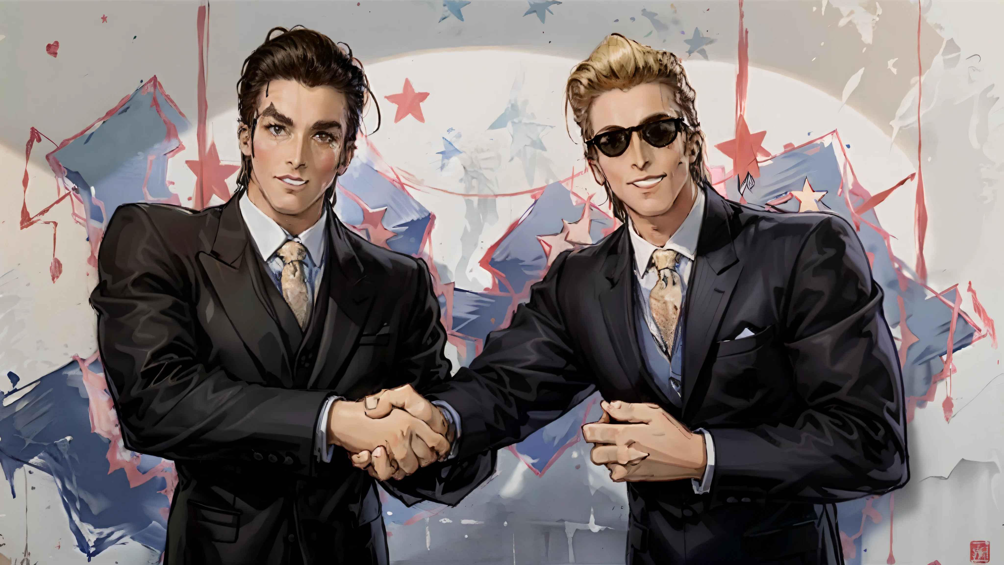 2 people, Patrick Bateman (Left), Johnny Bravo (Right), shaking hands, masterpiece, best quality, ultra-detailed, illustration