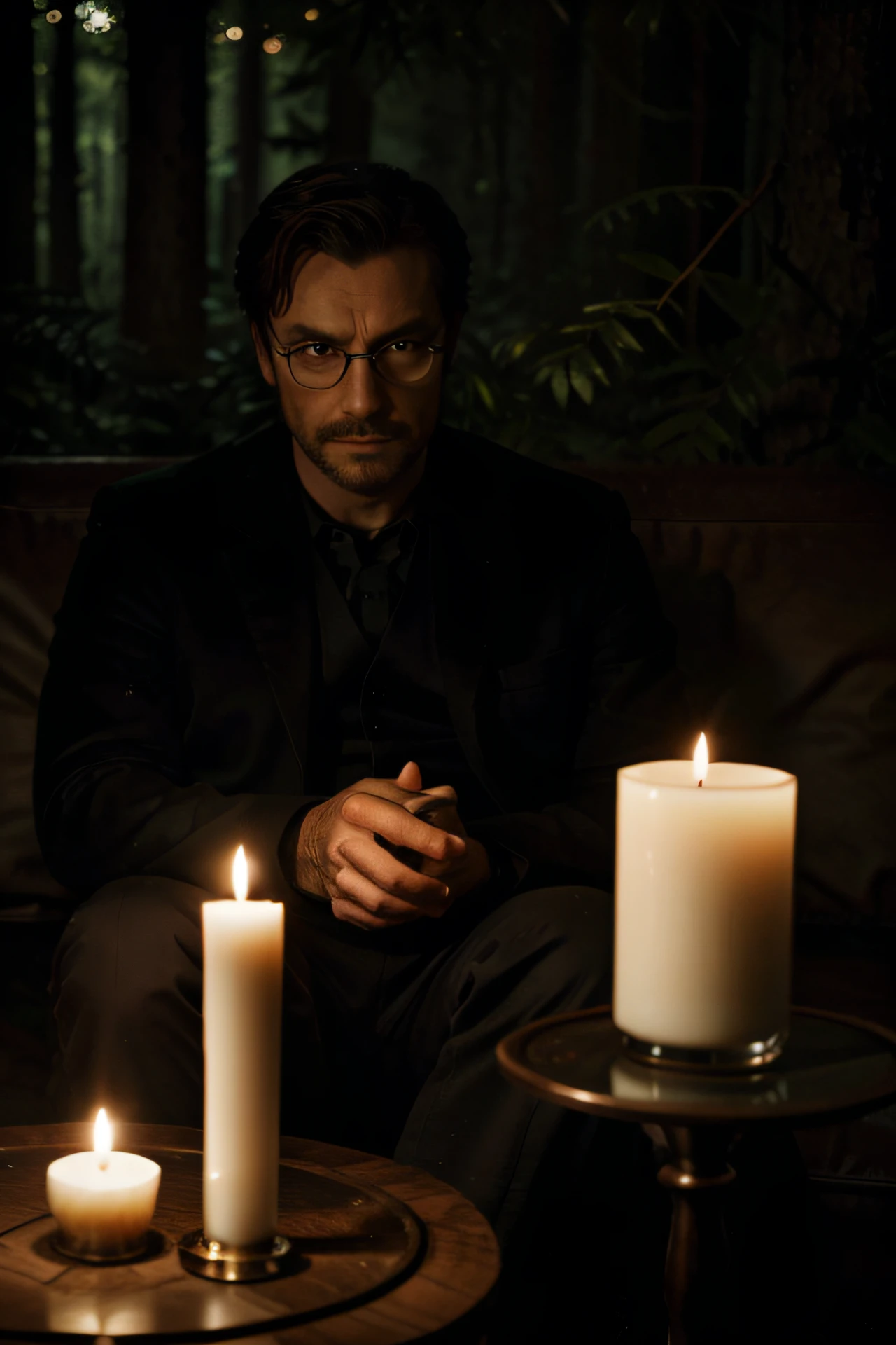 a sinister man in a forest holding a candle sitting on the sofa, background with sinister frames, cinematic and realistic