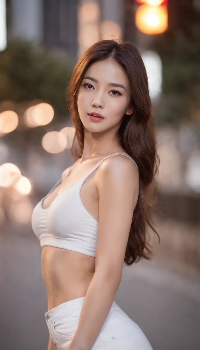 White sports bra, araf woman in hot pants walking on the night street, slim girl model, fancy young Korean woman, Korean women's fashion model, woman in white pants, woman in tight bra, (((((rappin orange skirt))), white underwear is seen,