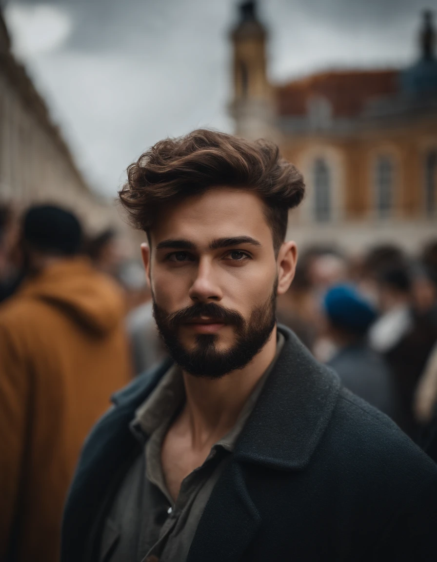 Portrait de film, ((Gros plan moyen)), face au public, (Reality :1.3), The most beautiful art photo in the world, A man looking into the camera, Street clothing, Carnival Party, corp fin medium, Oval face in detail, Teenage goatee beard and short shaved mustache, jeune homme brun, cheveux long, yeux marron, thick eyebrow, oreille petite, Action plans, (complexe :1.4), Street background, photoreallistic, daytime, Global lighting, CG, art station, шедевр , Photographie HD
