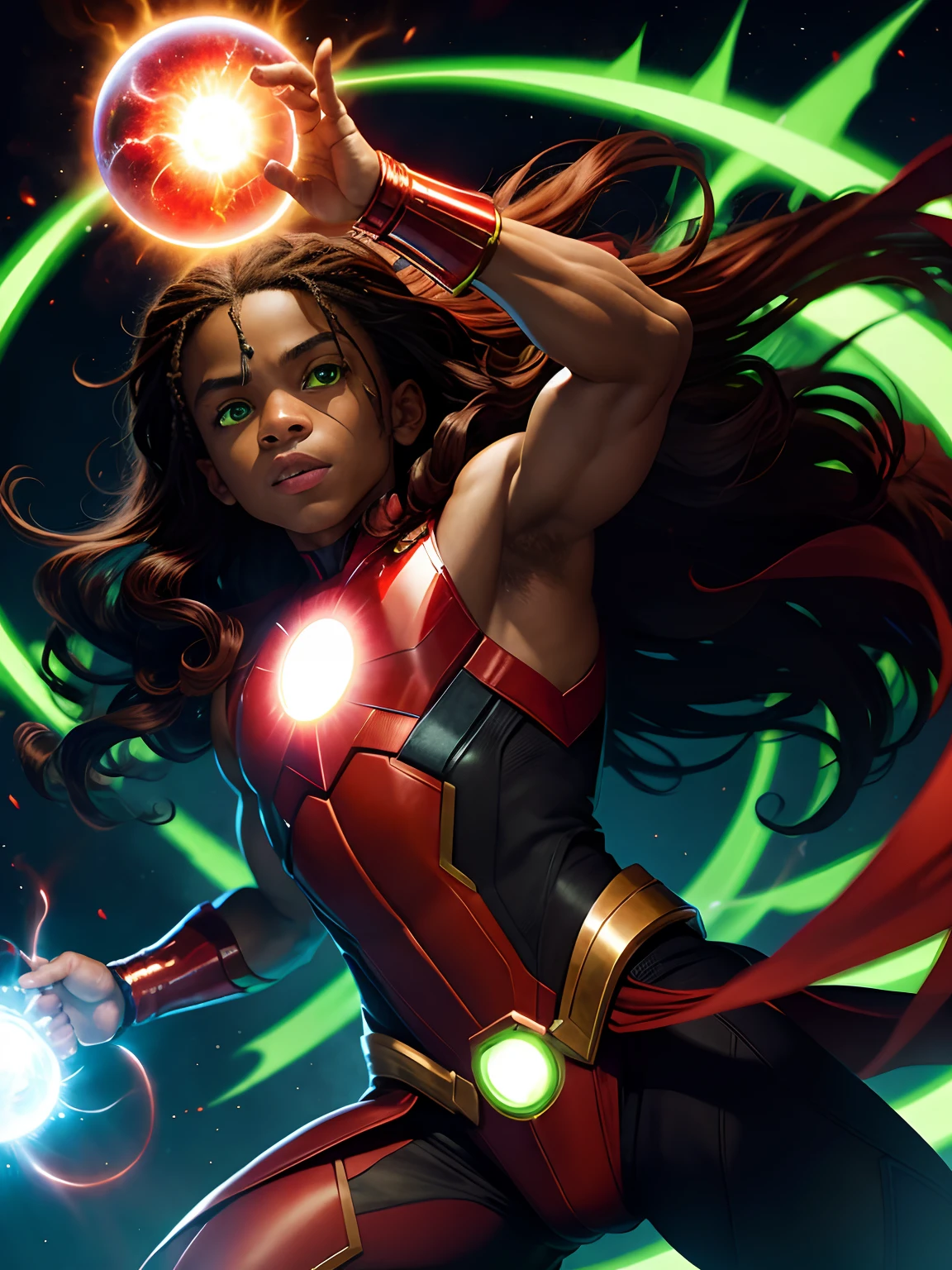 Marvel superhero baby black boy Green eyes and red flames in the middle long hair just unlocking his power after a goddess bless him with a powerful orb of bright green and red light