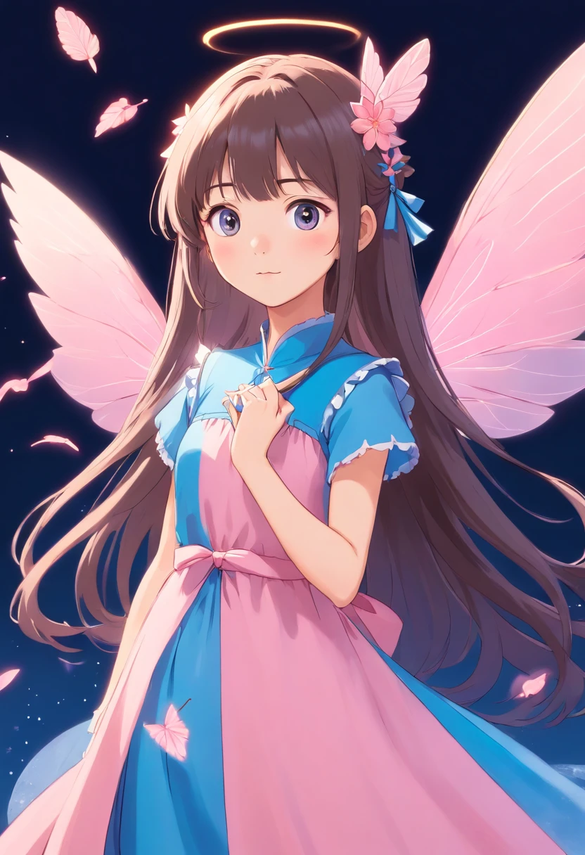 Asian fairy with long, straight hair with bangs, baby pink fairy wings and blue dress, blank background