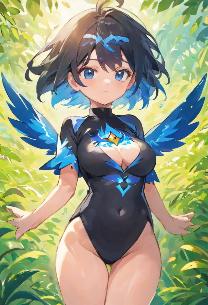 ((melhor qualidade)),garota pardo, cabelo curto, corpo inteiro, olhos bonitos e detalhados, Black shirt with blue sleeves and a blue phoenix emblazoned on the left side of the shirt, In nature in the morning, ((boobs)), no clothes