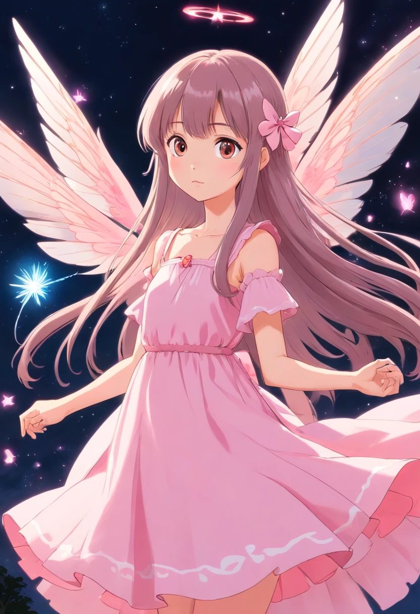 Asian fairy with long, straight hair with bangs, baby pink fairy wings and baby pink dress, magic wand