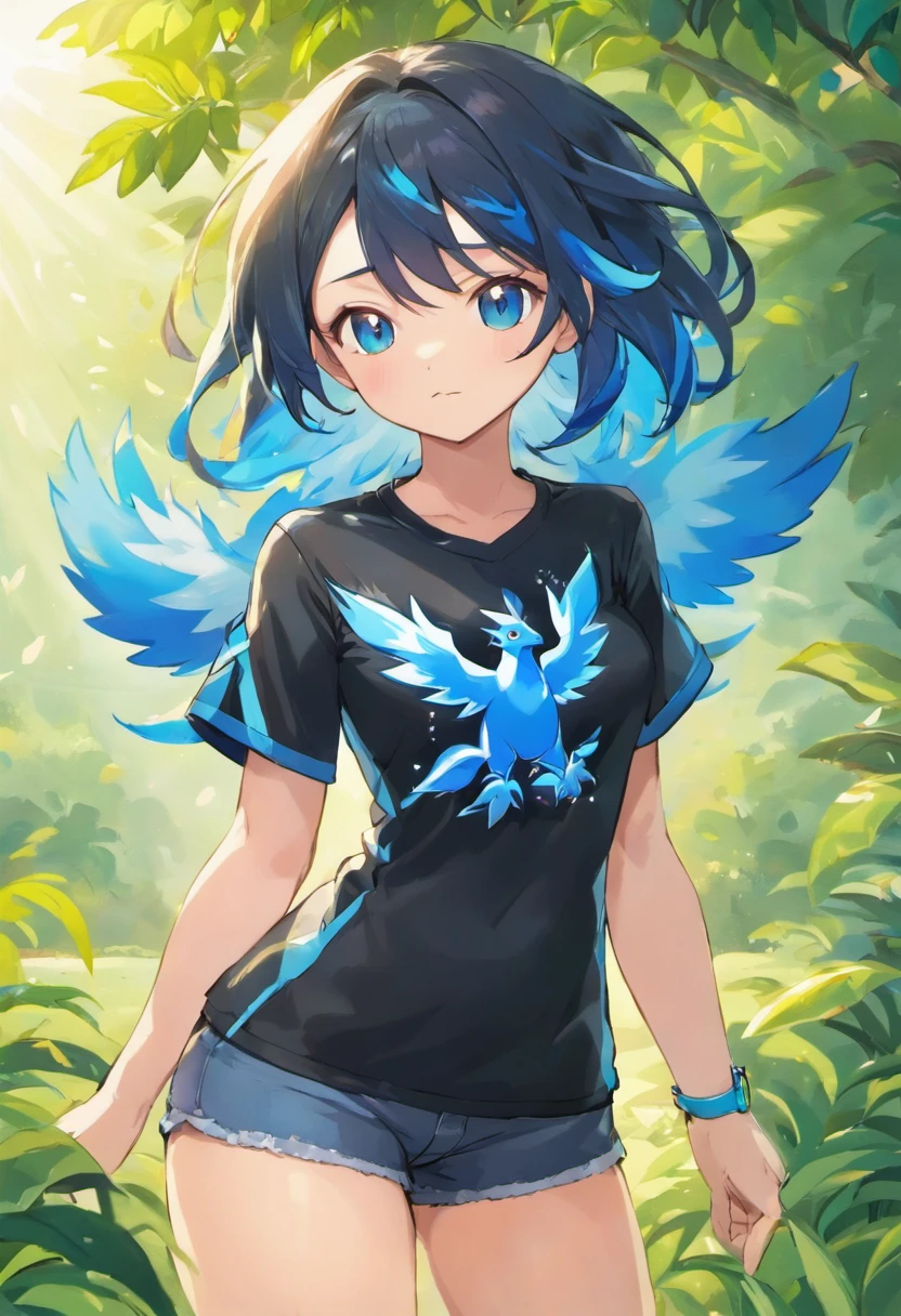 ((melhor qualidade)),garota pardo, cabelo curto, corpo inteiro, olhos bonitos e detalhados, Black shirt with blue sleeves and a blue phoenix emblazoned on the left side of the shirt, In nature in the morning, ((peitos)), very sexy