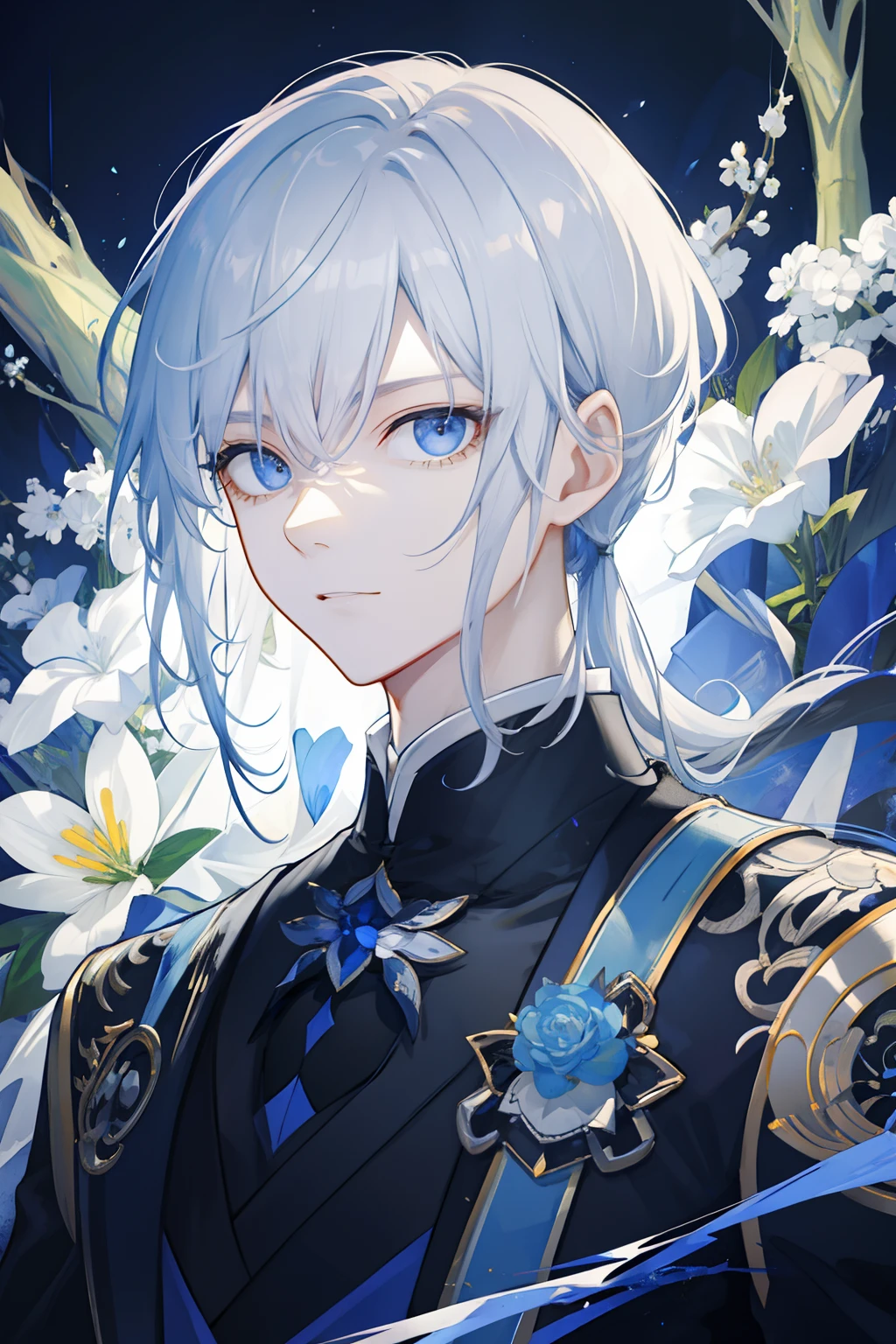 masterpiece, top-quality, 1 man, Adults, beautiful countenance, tall muscular man, broad shoulder, finely eye and detailed face, languorous expression,Sexy atmosphere,Highly detailed CG Unity 8K wallpapers, intricate detailes, Silvery long-haired,Low ponytail,cyberpunked, natta,a moon,kosmos, upper view, frombelow, depth of fields