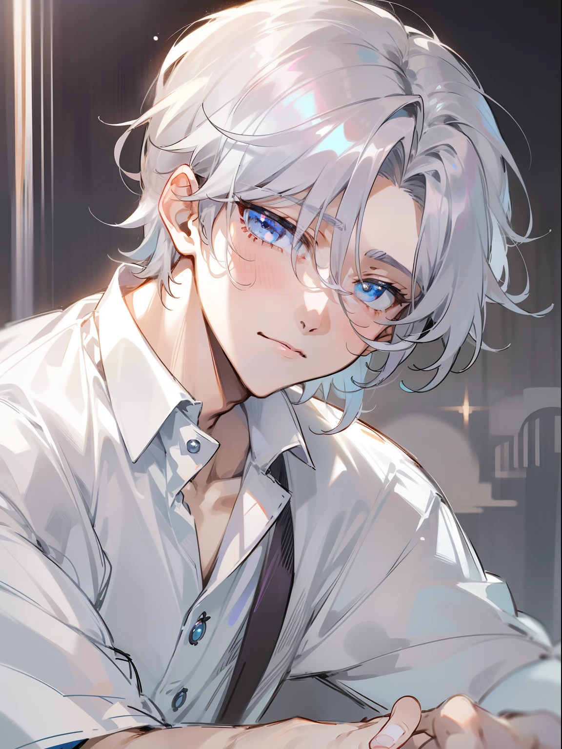 Ultra Detail,Haig Quality,sketch,1boy,matured male,Beautiful face,(Silver Center Parting Hair:1.3),Handsome men,Pearl skin,White short sleeved shirt,drooping eyes,japanese high school,Dynamic Angle,Japan Anime,