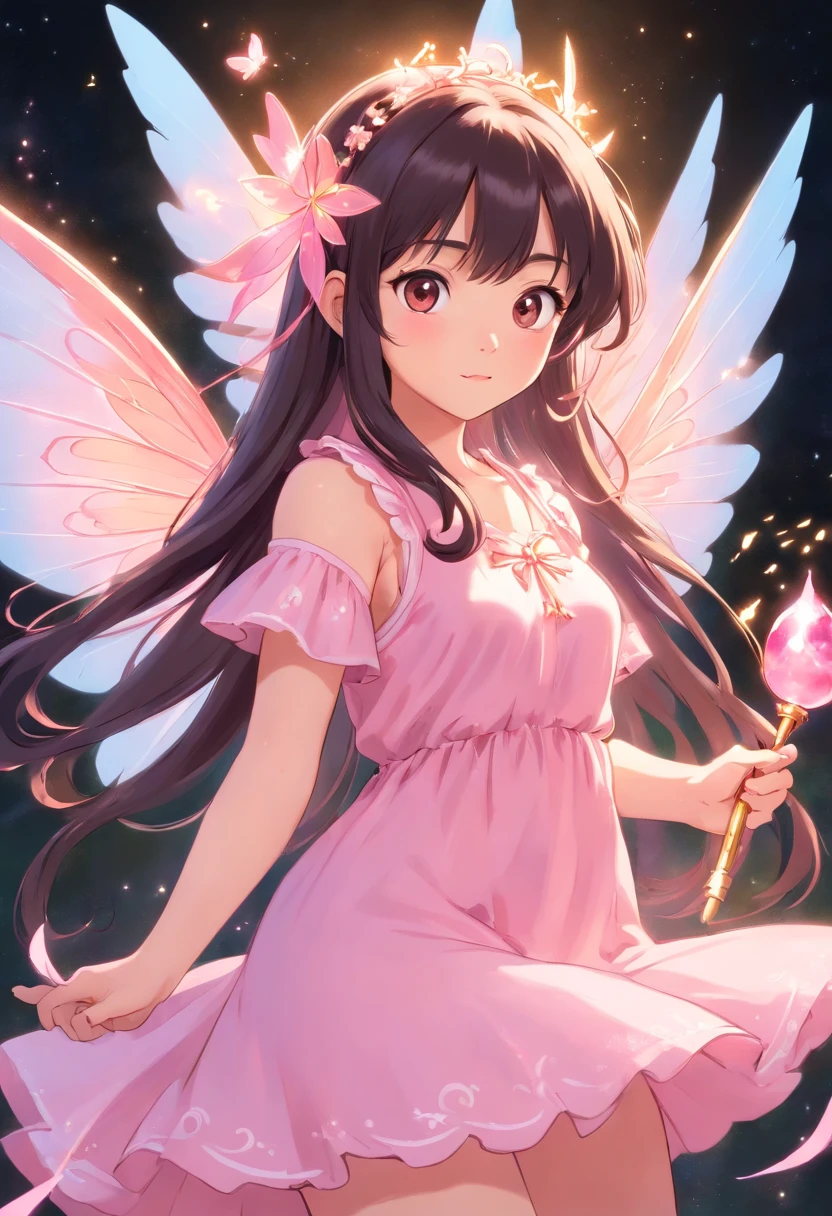 Asian fairy with long, straight hair with bangs, baby pink fairy wings and baby pink dress, holding magic wand