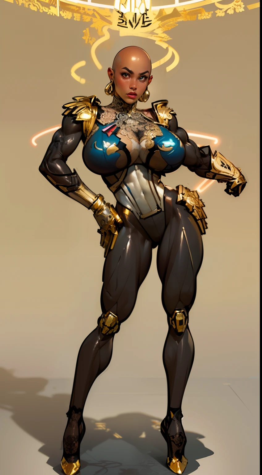 8k ((above view:1.3)), ((full body view))(large eyes:1.3), defined cheekbones, looking back, ((the pit style:1.4))((sleek dark tan bodysuit:1.6)) ((intricate lace details:1.6))detailed face:1.5), blue skin,(puffy lips:1.5) (blue skin:1.6), (bald woman:1.7), (skinhead) ((sexy pose)),((((Muscular:1.5)))), ((gigantic breasts:1.5)), )highly detailed, Volumetric lighting, baroque oil painting by Greg Rutkowski, Artgerm, WLOP, dynamic angle,((intricate neon lines on bodysuit:1.3)), majestic, digital photography, best shadow, light particles, art by artgerm and ruan jia and greg rutkowski, ((gold shoulder pads:1.6)), (masterpiece), sidelighting, intricate details, (((gold and tan color palette))), gold ass, tan legs, reflective metal material