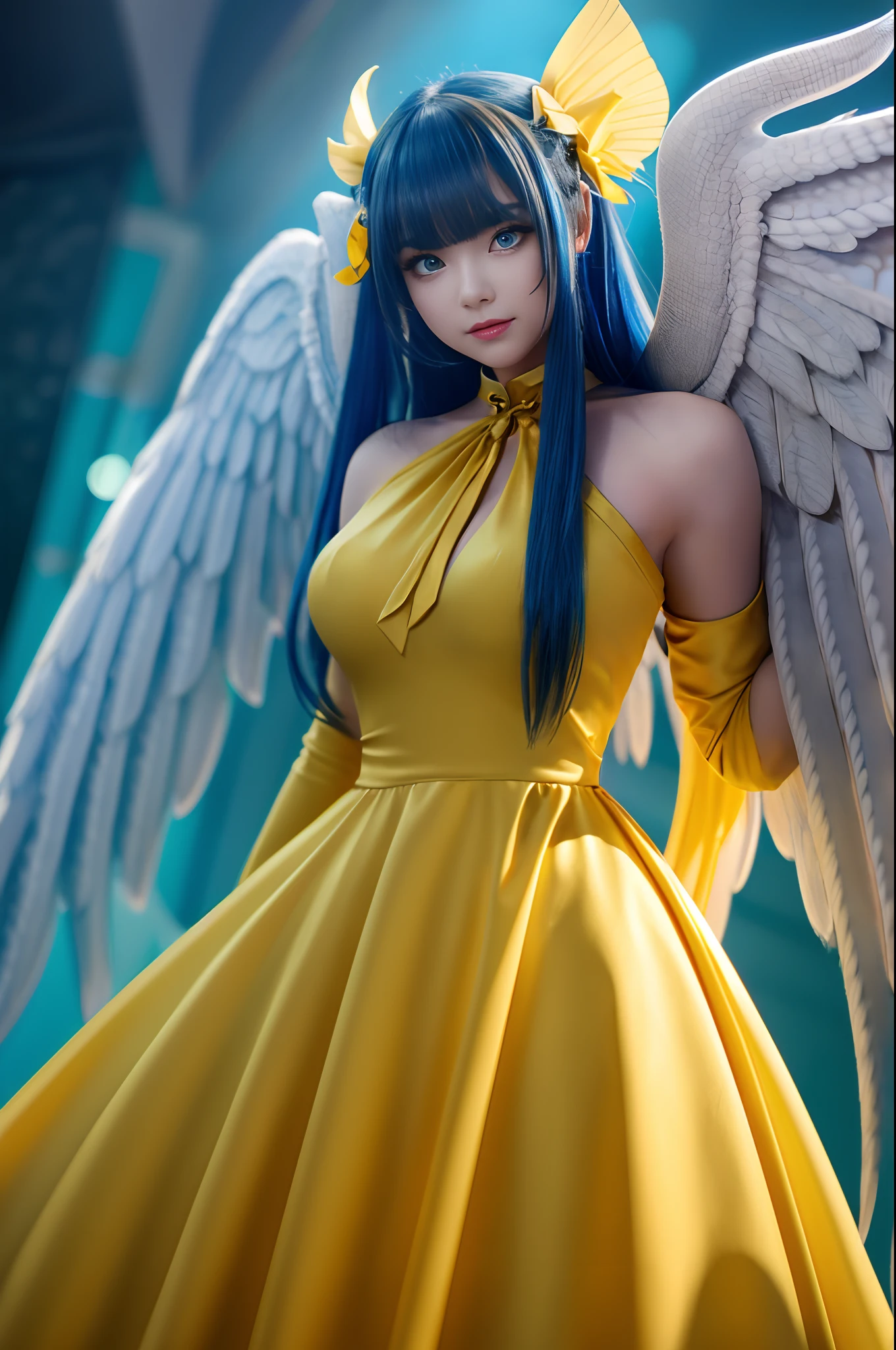 Highly detailed, Has angel wings, seductive woman , long blue hair , reddish brown eyes , Reptilian tail , Wearing a yellow ribbon in her hair