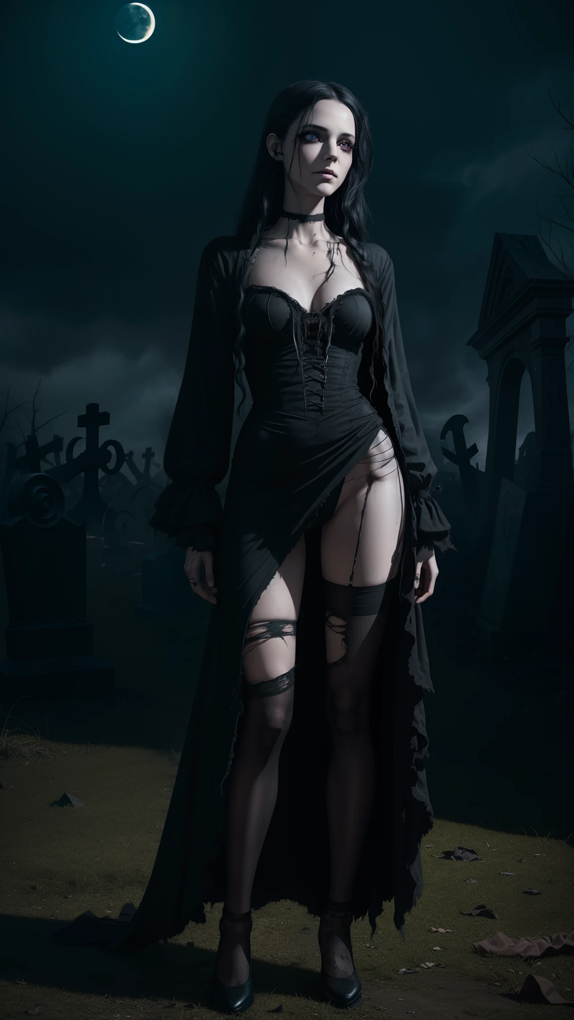 (best quality,4k,8k,highres,masterpiece:1.2),ultra-detailed,(realistic,photorealistic,photo-realistic:1.37),Halloween cosplay costume,Wife of the Frankenstain, living zombie girl,beautiful detailed eyes,beautiful detailed lips,extremely detailed eyes and face,longeyelashes,dark and gloomy atmosphere,sewn scars, frizzy hair,straggly and unkempt,long disheveled locks,dreadful and torn dress,tattered and dirty clothes,ragged fabric,dirty and torn stockings,trick-or-treating bag with twisted candies,bony fingers,creepy and bony silhouette,twisted smile,bloodstains and dirt on clothes,moonlit night background,haunted graveyard setting,horror theme,gothic fashion,vivid colors,harsh shadows,ominous lighting