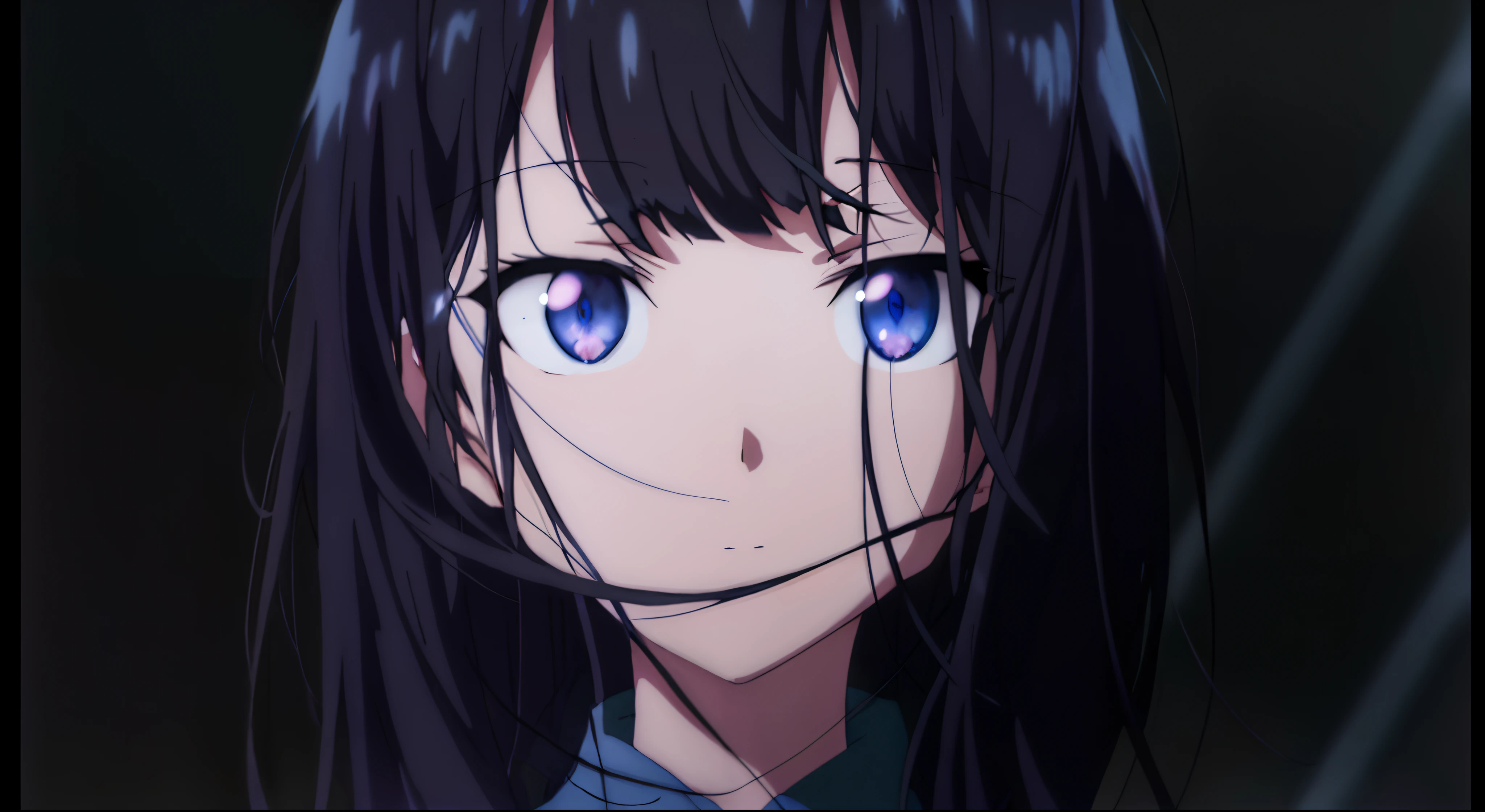 Anime girl with long black hair and blue eyes staring at camera, black anime pupils in her eyes, close up iwakura lain, anime moe art style, close up of a young anime girl, with huge luminous sad eyes, anime visual of a cute girl, hyuga hyuga, iwakura lain, close up of iwakura lain