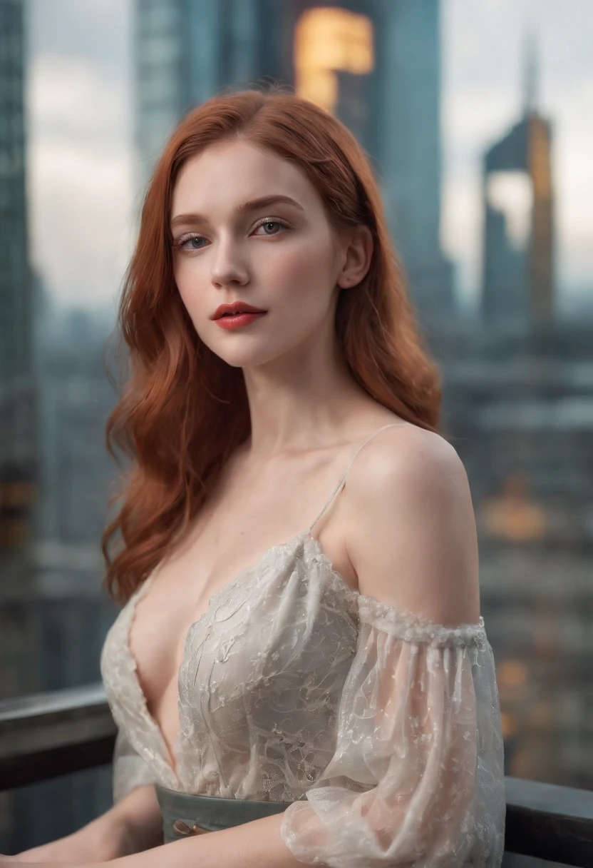 Full body photo of a 21 year old German woman, .RAW, beautiful woman, half open strawberry lips, fossettes, Regard nostalgique, Yeux verts, Great Students, Grands cils, (extra long wavy red hair), ((Detailed face)) , ((Detailed facial features)), (finely detailed skin), pale skin, (Detailed high-tech cyberpunk dress with plunging neckline), Cyberpunk Cyberpunk Megacity Environment, (couleurs froides), humide, humide, reflections, (Masterpiece) (rapport hauteur / largeur parfait) (photorealistic) (Best quality) (Detailed) award with a Canon EOS R5, 50 mm lens, f/2.8, Hdr, (8k) (wallpaper) (cinematic lighting) (dramatic lighting) (mise au point nette) (complex)
