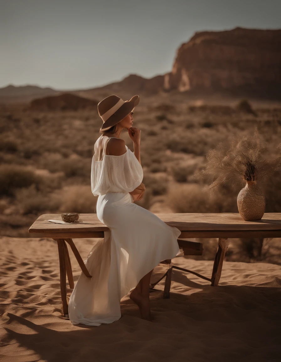 In this picture, We saw an Asian woman posing for a photo in an outdoor setting.. She sat on a table placed in front of a rock cliff., Create a beautiful backdrop for photography. Women wear minimal clothing., Only underwear and a white dress covered her body.. Her gesture showed confidence and grace as she stared into the distance..
Outdoor locations enhance the overall aesthetic of the image., There are visible mountains in the background and desert-like terrain surrounding the area.. The furniture used for this shoot includes chairs and tables., Both are made from natural materials such as wood or rattan.. Vases can be seen on one side of the table., Add a rustic feel to the scene..
Women's apparel options offer forward fashion pieces such as sunglasses and hats., Let the air of complexity. Her legs were crossed at her ankles as she sat on the table., Draw attention to her long limbs and toned body.. On the one hand, she holds what appears to be some kind of radio device..
A closer look at this image reveals various objects scattered all over the place, from clothing such as belts to metal vessels, all adding depth and detail to this captivating scene.. Even with these elements present in the image., They didn't take away from the main focus.: Show the beauty of this confident woman with the breathtaking landscape of nature..
Todo, This photo captures both simplicity and sophistication through the subject - emphasizing both natural beauty. (terrain) Along with man-made creations. (furniture). It invites viewers into intimate moments between models and photographers, while at the same time showcasing the different elements that make up the world around us..
