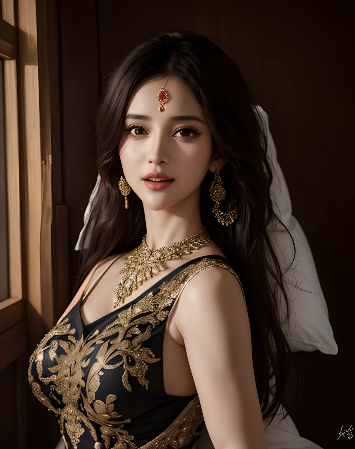 (best quality,4k,highres,masterpiece:1.2),ultra-detailed,realistic:1.37,Katrina Kaif,beautiful detailed eyes,beautiful detailed lips,longeyelashes,Indian model,gorgeous smile,long black hair,intricate earring,jewelry,traditional Indian dress,artistic lighting,vibrant colors,portrait,studio photography