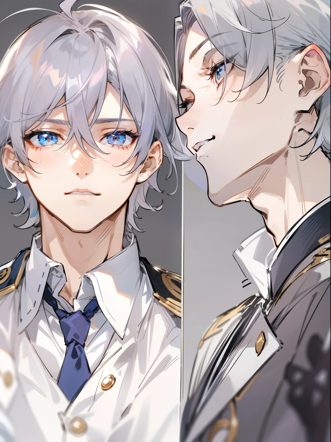 Ultra Detail,Haig Quality,sketch,1boy,matured male,Beautiful face,(Silver Center Parting Hair:1.3),Handsome men,Pearl skin,White short sleeved shirt,drooping eyes,japanese high school,Dynamic Angle,Japan Anime,