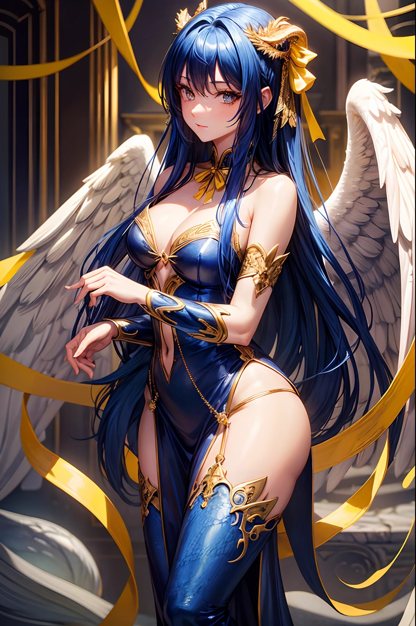 Highly detailed, Has angel wings, Seductive Woman , Long blue hair , reddish brown eyes , Reptile tail , Wearing a yellow ribbon in her hair