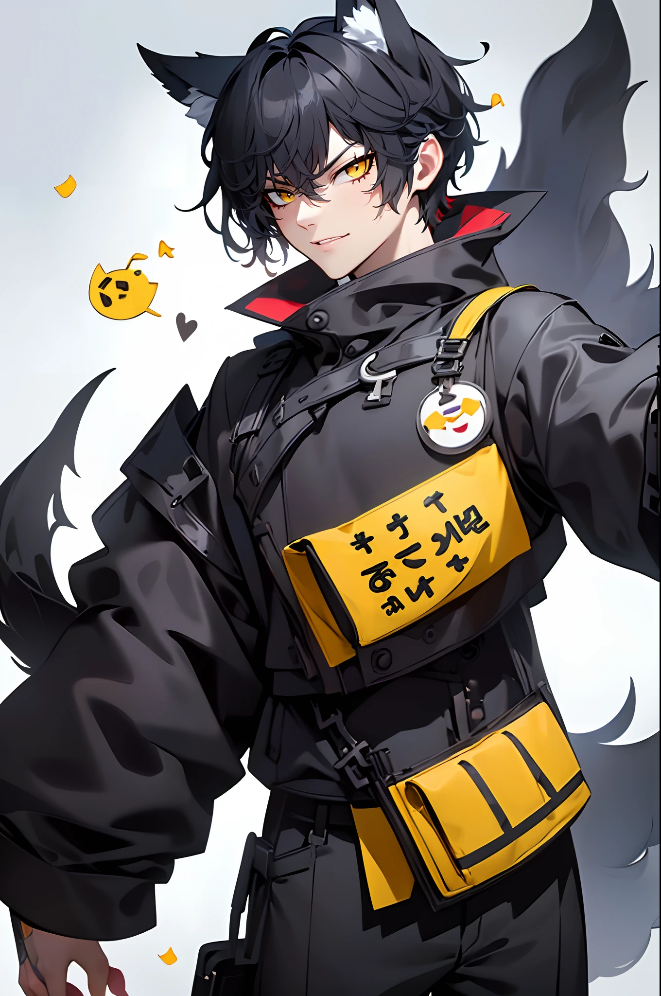 (4K works))、​masterpiece、(top-quality)、Korean Male、Adult male、((Adult 26 years old))、((Adult older brother))、((werewolf man))、((The Man with Wolf Ears))、((Face similar to Hyun Jin))、Cool Men、tall、((Glaring expression))、((Strong eyes))、((Black cool werewolf fashion))、((Long sleeve long trouser style))、((smaller face))、Slim body、((hooligan))、((Black short-haired))、((Yellow eyes))、((shot from front))、((Shot alone))、((Solo Photography))、Professional Photos、((Emoji photos))、emoji、Wolf's Pose、((Werewolf costume))