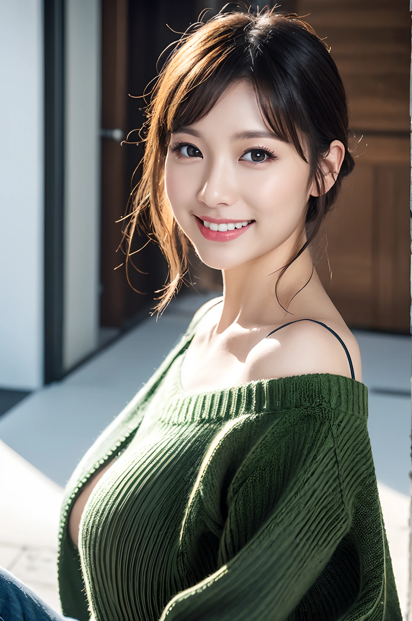 Winter scene、Snow sliding、snowfall、((Colorful oversized sweaters、bound legs))、depth of fields,Real light,Ray traching,OC renderer,UE5 renderer,Hyper-realistic,best qualtiy,8K,Works of masters,super-fine,Correct anatomy、Asian women, (8K、RAW photos、top-quality、tmasterpiece:1.2)、(hentail realism、Photorealsitic:1.37)、Solo、25 age old、1 rapariga、Light brown hair、详细的脸、Detailed lips、detailedeyes、(huge-breasted:1.5)、Arafad woman、Smile、broad shoulder、
