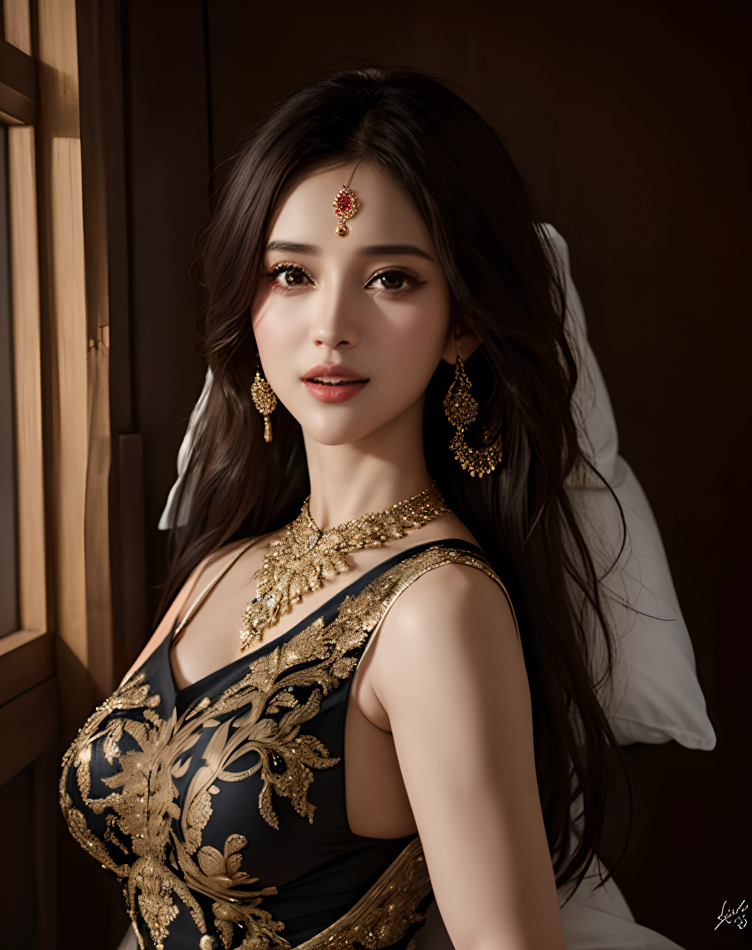 (best quality,4k,highres,masterpiece:1.2),ultra-detailed,realistic:1.37,Katrina Kaif,beautiful detailed eyes,beautiful detailed lips,longeyelashes,Indian model,gorgeous smile,long black hair,intricate earring,jewelry,traditional Indian dress,artistic lighting,vibrant colors,portrait,studio photography