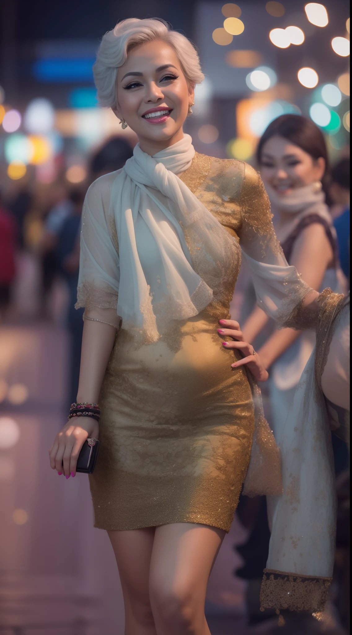 Malay girl, medium white hair, bouncy curls haircut, (wear kebaya nyonya), ( laughing and posing with hand on hip, wear handbag, from back view, windy, detail skin, age spot, detail skin texture, mole below eyes, small breast, flat chest, wide hips, small waists, thick thighs, slim abs, beautiful body, nighttime, laughing, happy, bright lighting, crowded night city street, blur background, bokeh,