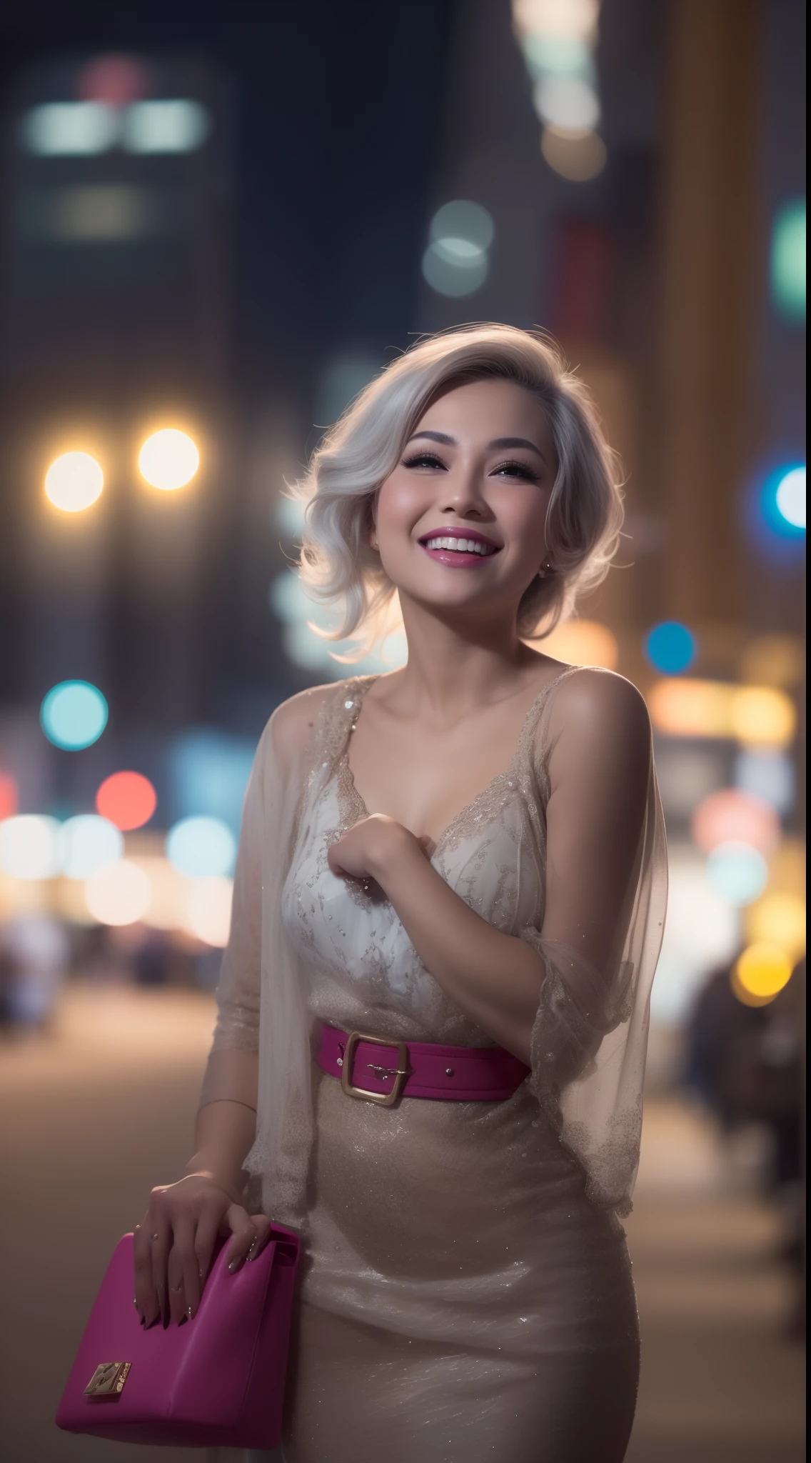 Malay girl, medium white hair, bouncy curls haircut, (wear kebaya nyonya), ( laughing and posing with hand on hip, wear handbag, from back view, windy, detail skin, age spot, detail skin texture, mole below eyes, small breast, flat chest, wide hips, small waists, thick thighs, slim abs, beautiful body, nighttime, laughing, happy, bright lighting, crowded night city street, blur background, bokeh,