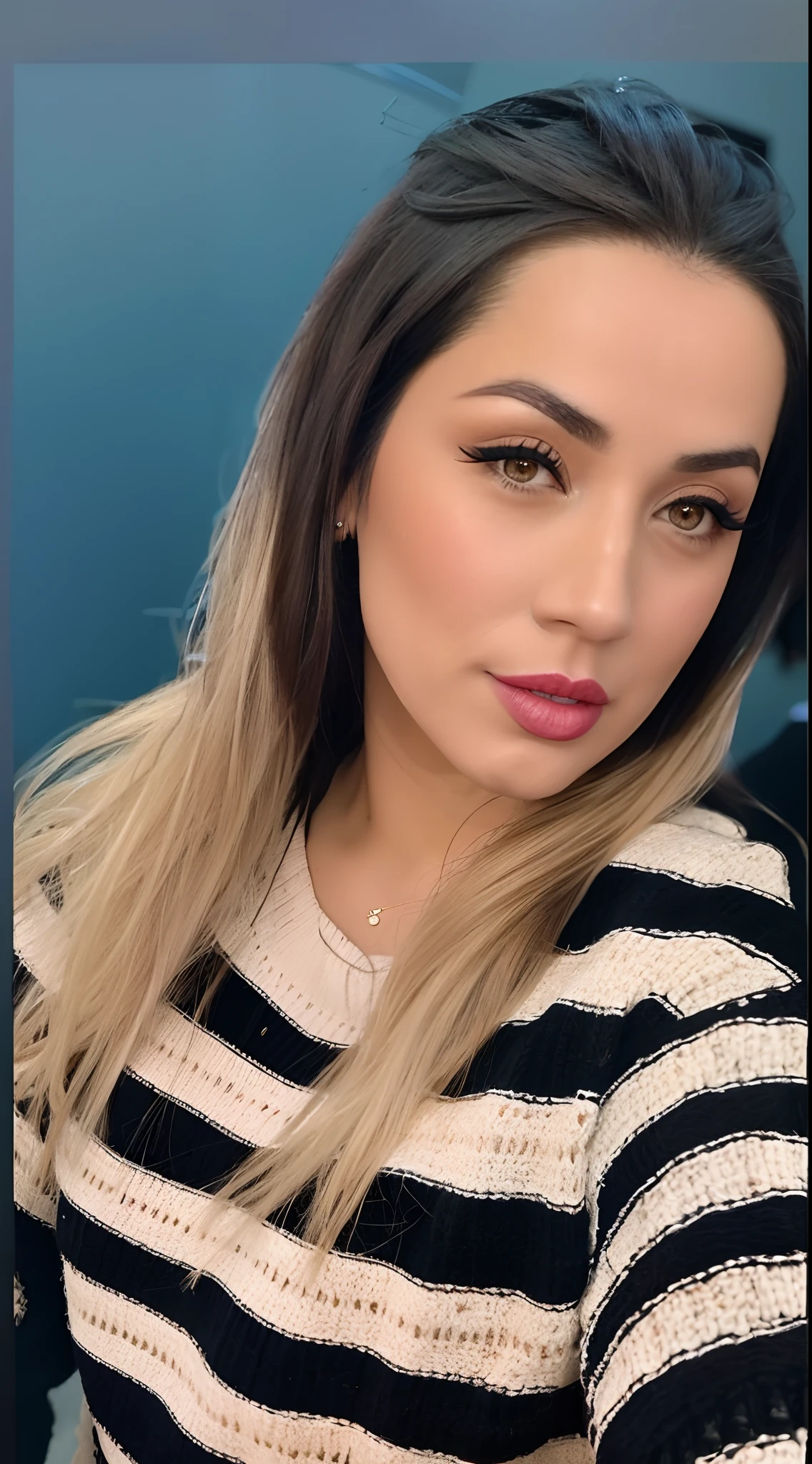 a close up of a woman with long hair and a sweater, inspired by Gina Pellón, sultry look, with professional makeup, inspired by Lucia Peka, inspired by Julia Pishtar, ayahausca, taken in 2 0 2 0, alanis guillen, inspired by Olivia Peguero, taken in the early 2020s