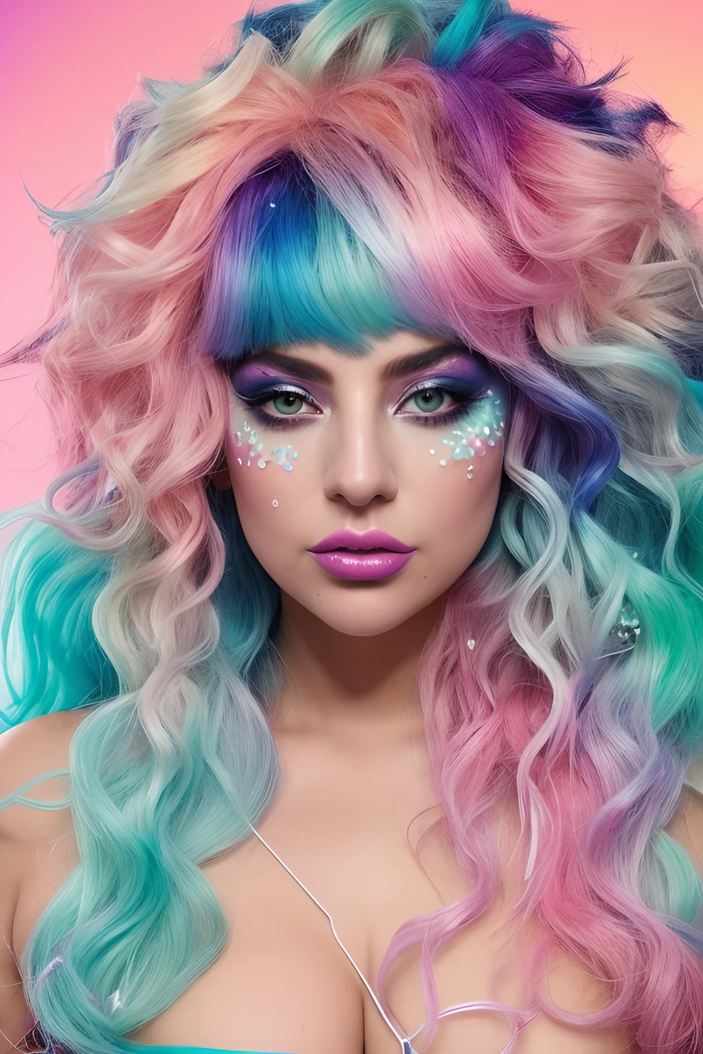 Lady Gaga with colorful hair and makeup is posing for a photo, Creative ColorFull - Maquiagem, estilo de fantasia vibrante, maquiagem criativa, tintura de cabelo de dois tons, maquiagem rave colorida, alta textura colorida, dramatic hair color, olhar feroz e selvagem, vibrant pastel colors, olhar feroz, linda, tons de laranja e azul, retrato da fantasia, melhor qualidade, realista, realista, Award-Winning Illustration, (rosto altamente detalhado e textura da pele), (corpo inteiro), (detalhe complicado: 1.2), (detalhe fino), (detalhe complicado), (cinematic lights, luz de fundo de melhor qualidade), lines sharp, foco nítido, Arte Oficial, unidade 8k papel de parede , ultra realista, muito realista, Absurdo, inacreditavelmente realista absurdo, tamanho de arquivo enorme, ultra- real, Arte de realista, RTX,((Foto de encerramento-up by award-winning studio)), , (cale a boca), , perfect hands, lindos olhos detalhados, rosto perfeito, corpo perfeito, detalhes ultra realista.