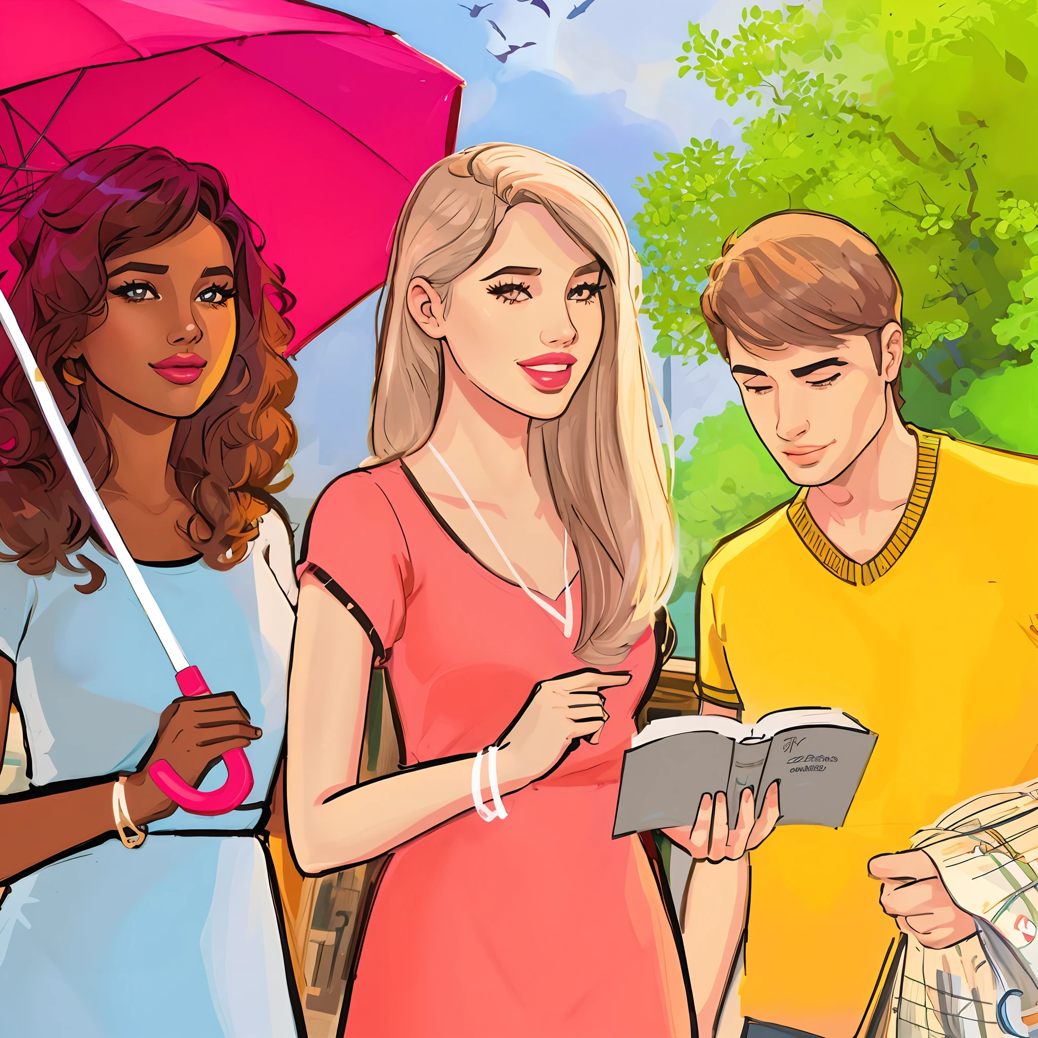 There are three people under an umbrella and a book, full-colour illustration, full-colour illustration, in illustration style digital, capa de romance, Cartoon style illustration, stylized digital illustration, arte digital. quadrinhos coloridos, digital illustration -, art cover illustration, cover illustration, pintura digital dos desenhos animados, Illustrations, digital illustation, full-colour illustration, editorial illustration colorful, perfect coloring