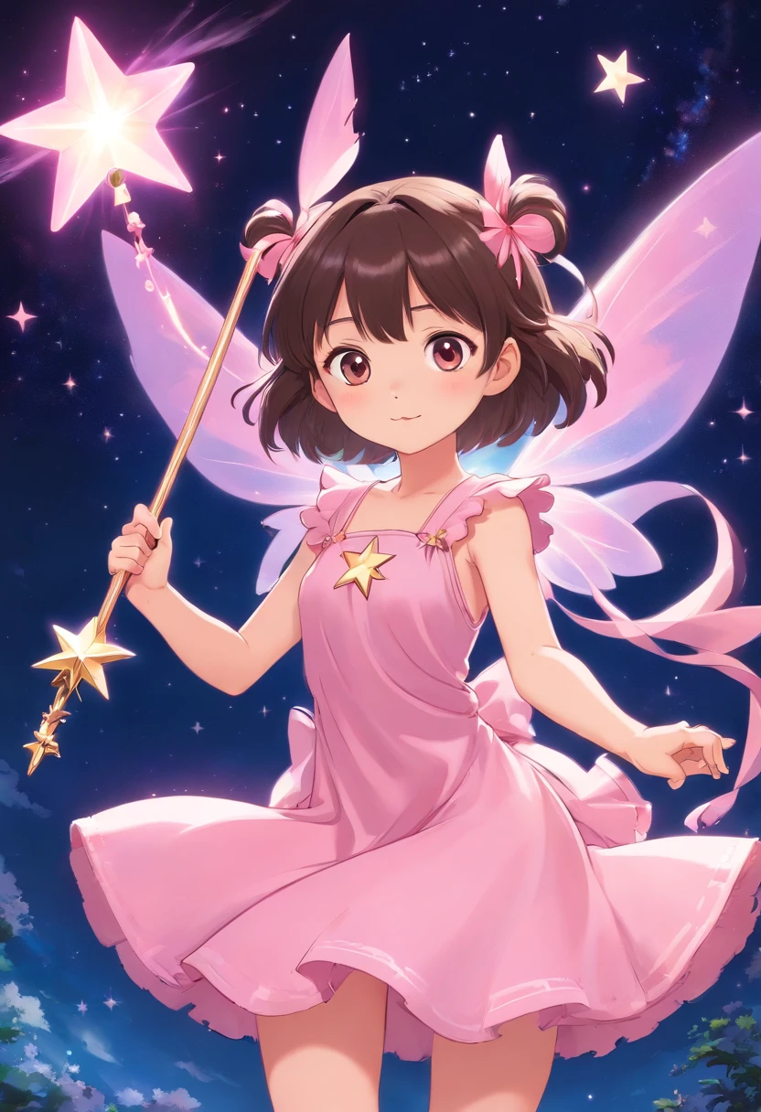 Asian fairy with short, straight hair with bangs, baby pink fairy wings and baby pink dress, holding magic wand shaped star, anime girl