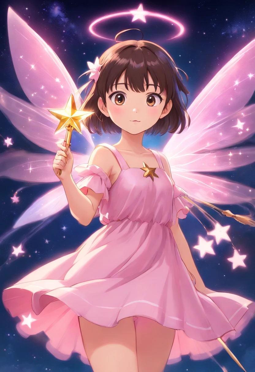 Asian fairy with short, straight hair with bangs, baby pink fairy wings and baby pink dress, holding magic wand shaped star, anime girl