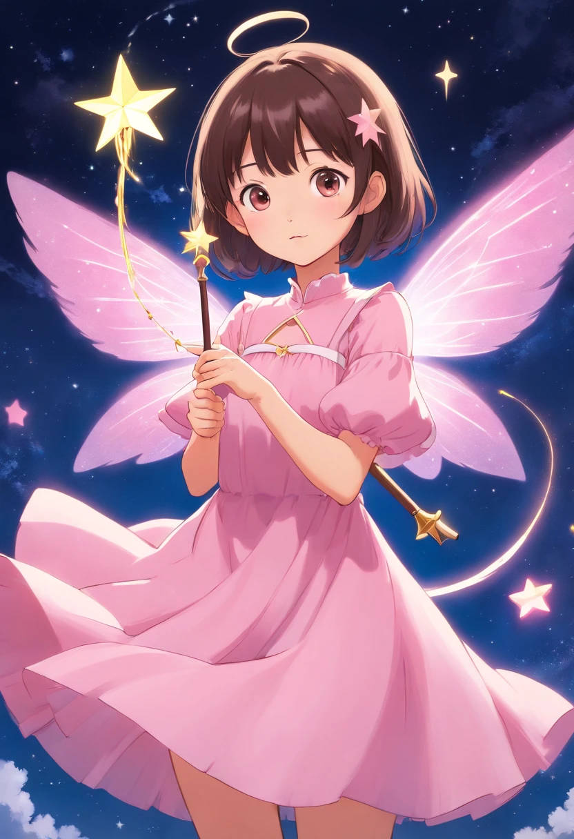 Asian fairy with short, straight hair with bangs, baby pink fairy wings and baby pink dress, holding magic wand shaped star, anime girl