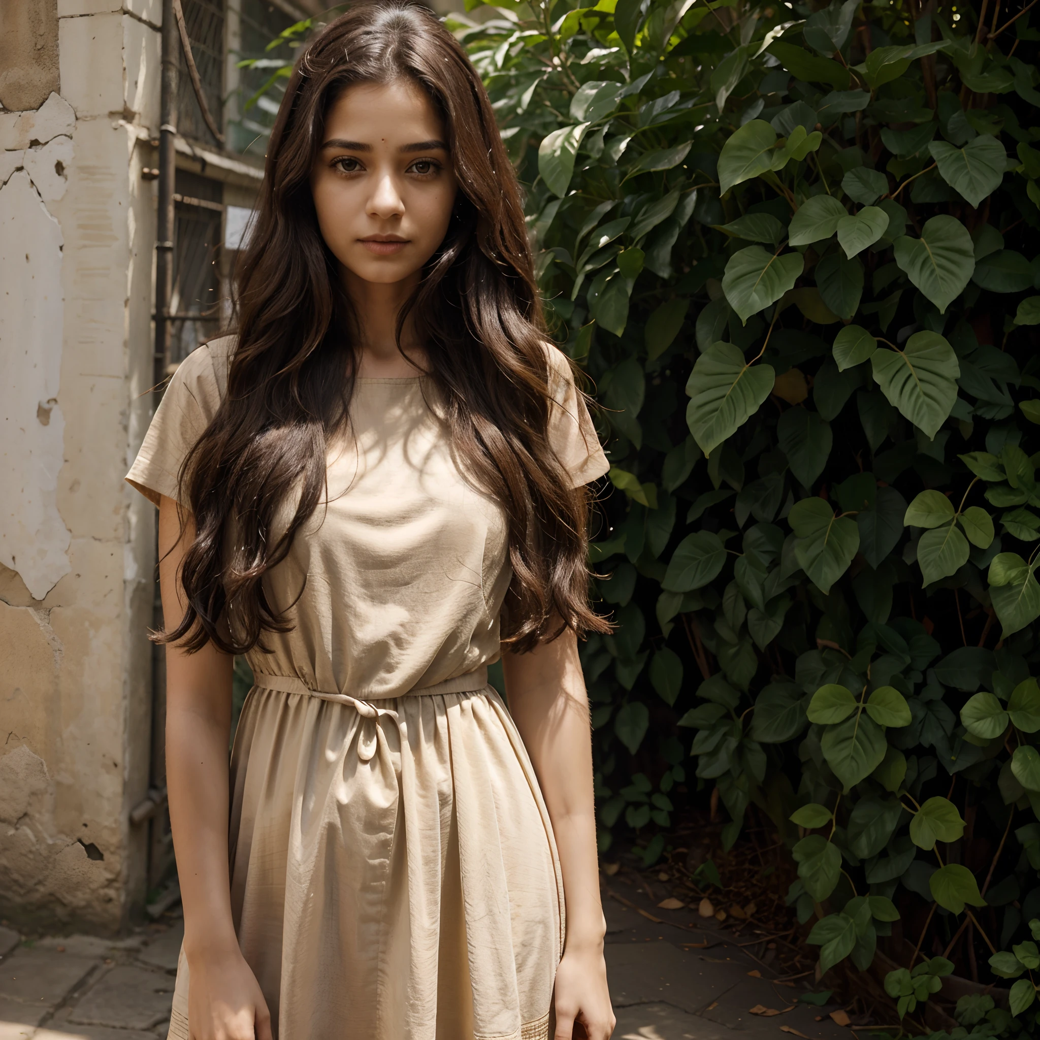 1 femme, Long Wavy Hair, dark brown eyes, nature, top, jupe courte, la rue, India