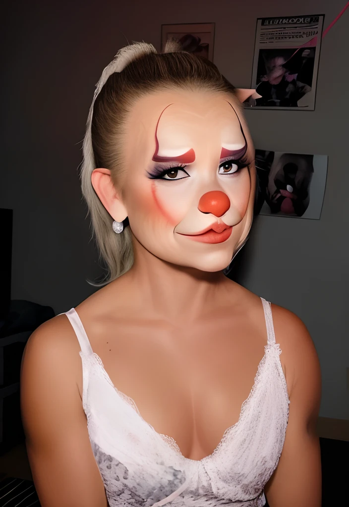 Morph her into an actual donkey cartoon with fur and exaggerated ears. Then apply clown makeup.