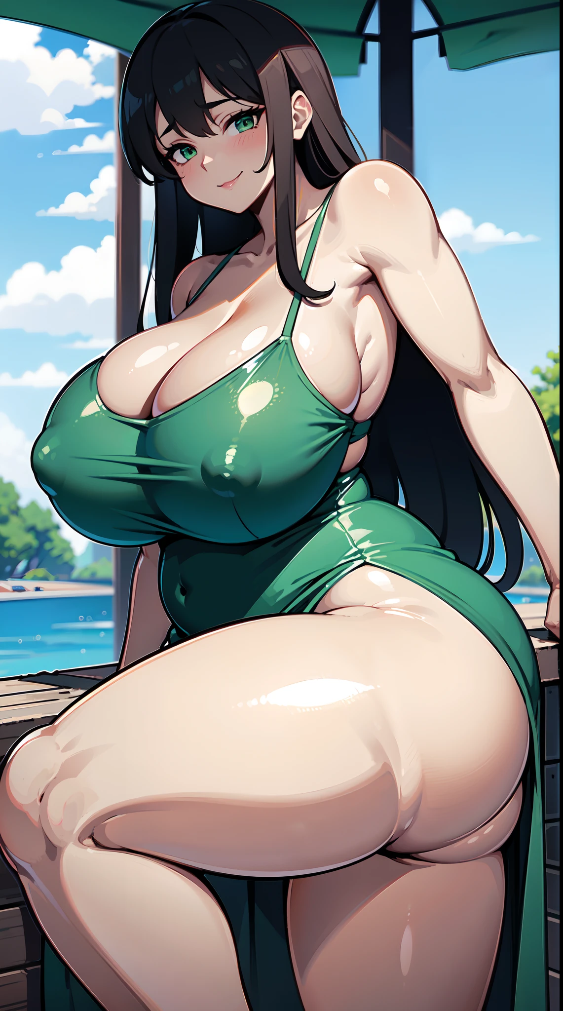 Breast view, 7 feet away ,Not so close, Zoomed out, Nakedness , nakedness, , no clothing on, 1woman, very curvy, huge breasts, massive ass, mature, smiling, long brown straight hair, green eyes, sexy , slit on the left side, dark brown skin, pretty face, seductive, slutty, gigantic breasts!!!!, top heavy, overweight, chubby, ginormous breasts!!!!, expanding breasts, out of proportion breasts, worlds biggest breasts in the world, big wide hips, big ass, big juicy ass, no bra, no bra, no shirt, , naked, no shirt, no clothing, huge areola, absurd size breasts, seductive, High quality , pink areola , pink nipple, puffy , OPPAI RATIO!!!!, ((((OPPAI)))), biggest breasts, colossal breasts!!!!!, Fat oversized mega big obese breasts, blushing, long brown straight hair, high quality, very beautiful, beautiful women,woman with a big breast and a big boob, thicc, curvy, oppai, commission for high res, fullbody commission, oppai proportions, full body!, she has a jiggly fat round belly, 1woman, very curvy, huge breasts, massive ass, mature, smiling, long brown straight hair, green eyes, sexy , slit on the left side, dark brown skin, pretty face, seductive, slutty, gigantic breasts!!!!, top heavy, overweight, chubby, ginormous breasts!!!!, expanding breasts, out of proportion breasts, worlds biggest breasts in the world, big wide hips, big ass, big juicy ass, no bra, no bra, no shirt, , naked, no shirt, no clothing, huge areola, absurd size breasts, seductive, High quality , pink areola , pink nipple, puffy , OPPAI RATIO!!!!, ((((OPPAI)))), biggest breasts, colossal breasts, Fat oversized mega big obese breasts, blushing, long brown straight hair, high quality, scenic, very beautiful, beautiful women, tight green dress, green, tight green dress, tight dress, enormous breasts, huge gigantic enormous fat oversized breasts, no blonde hair, brown hair, brunette, long hair, big body, big body, highly detailed, 4K, Soft shade, scenic River, Swimsuit, swimming, swimsuit, sexy swimsuit