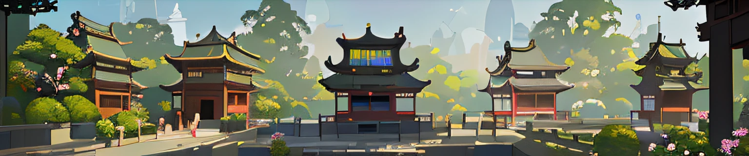 (A row of ancient Chinese buildings facing the camera,The building is lined with flowers and plants )，Ancient dynastic architecture, It is vividly depicted in the work (Best quality, 8K, Advanced resolution, Masterpiece: 1.2), Has flattened details (1.4x realism, style cartoon: 1.37). The streets are made up of bright colors，bathed in the warm glow of the sun, Create a cheerful and whimsical atmosphere. The house is designed with great attention to detail, Features cartoon design and unique architecture, 。 (The streets are surrounded by lush greenery and colorful flowers), Elevate a captivating and magical environment。 The artwork showcases an illustrative style, Inspired by children's book illustrations, Ensures a glamorous and nostalgic touch. The color palette consists of bright rainbow colors, Seven colors，Evoke feelings of joy and playfulness. Lighting accentuates the picturesque scene, Create soft and warm shadows，Add depth and warmth to the artwork., creating a visually stunning masterpiece，Capture the essence of China's ancient streets.