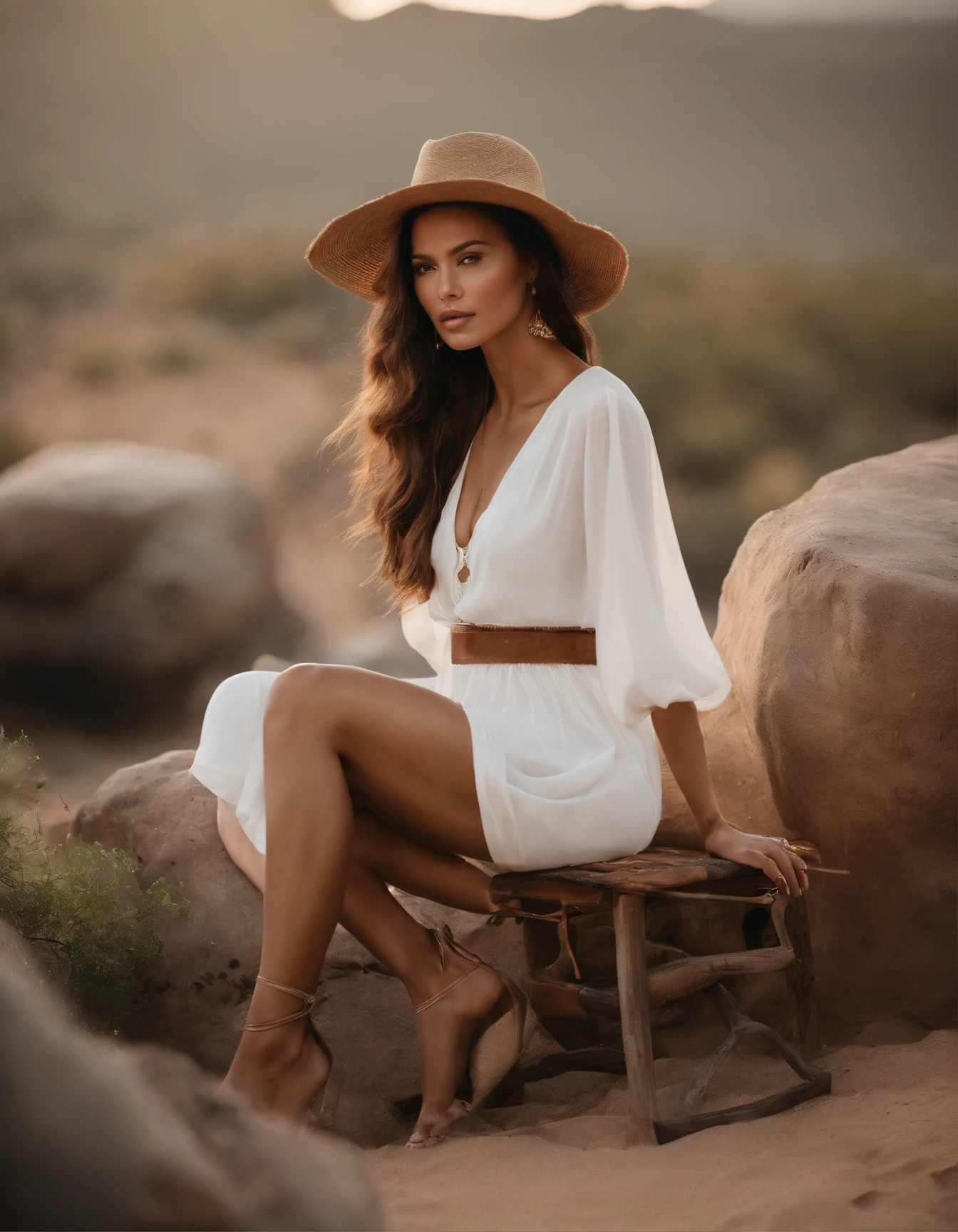 In this picture, We saw an Asian woman posing for a photo in an outdoor setting.. She sat on a table placed in front of a rock cliff., Create a beautiful backdrop for photography. Women wear minimal clothing., Only underwear and a white dress covered her body.. Her gesture showed confidence and grace as she stared into the distance..
Outdoor locations enhance the overall aesthetic of the image., There are visible mountains in the background and desert-like terrain surrounding the area.. The furniture used for this shoot includes chairs and tables., Both are made from natural materials such as wood or rattan.. Vases can be seen on one side of the table., Add a rustic feel to the scene..
Women's apparel options offer forward fashion pieces such as sunglasses and hats., Let the air of complexity. Her legs were crossed at her ankles as she sat on the table., Draw attention to her long limbs and toned body.. On the one hand, she holds what appears to be some kind of radio device..
A closer look at this image reveals various objects scattered all over the place, from clothing such as belts to metal vessels, all adding depth and detail to this captivating scene.. Even with these elements present in the image., They didn't take away from the main focus.: Show the beauty of this confident woman with the breathtaking landscape of nature..
Todo, This photo captures both simplicity and sophistication through the subject - emphasizing both natural beauty. (terrain) Along with man-made creations. (furniture). It invites viewers into intimate moments between models and photographers, while at the same time showcasing the different elements that make up the world around us..