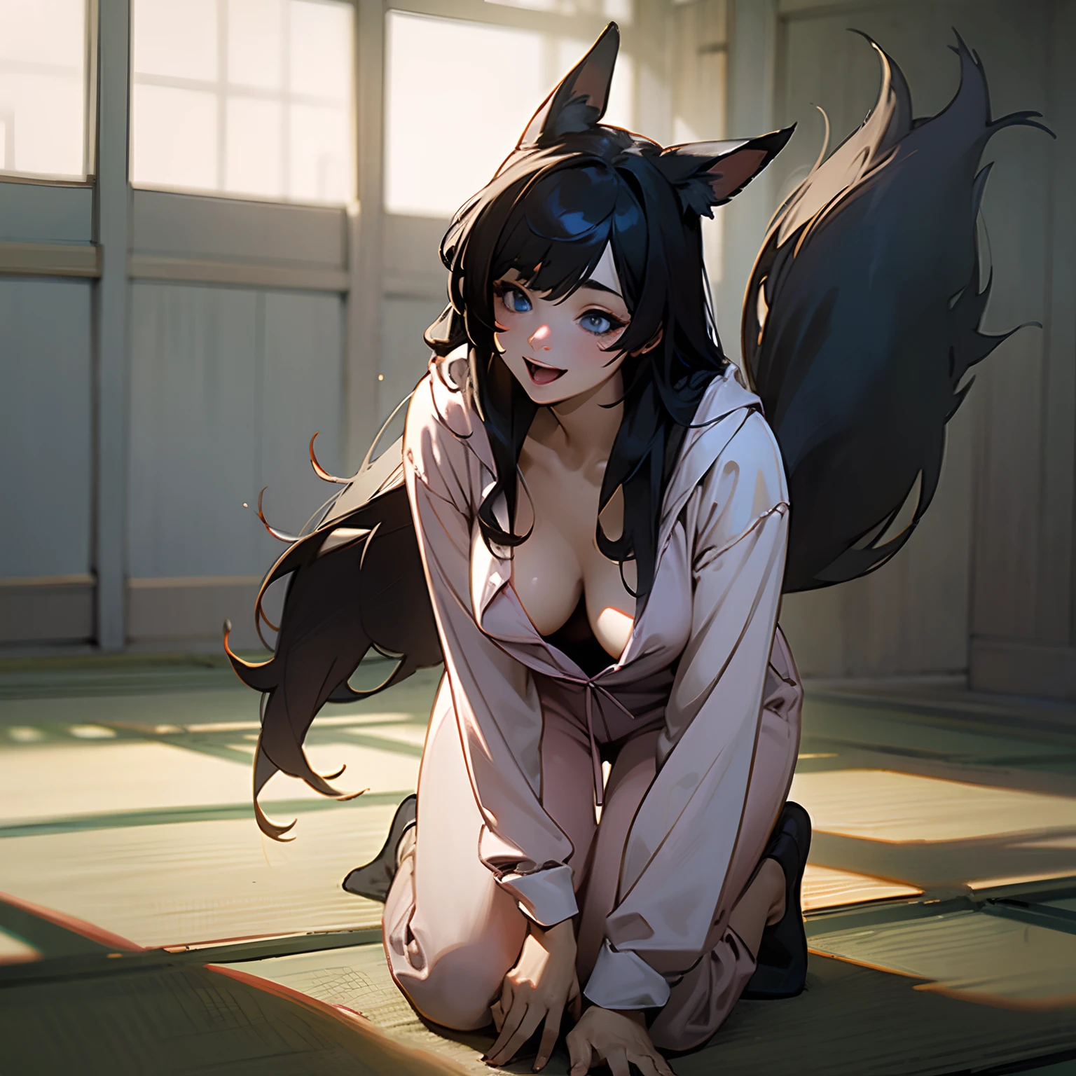 ((masterpiece)),((best quality)),extremely fine and beautiful, super fine illustration, beautiful detailed girl, supple breasts, front view, facing at viewer, ((face focus)), black hair, (Joyful:1.4), (see-through:0.4), skinny, covered, (hair covering breasts), ((black hair)), (very long hair), (fox ears), blue eyes, profile, pajamas, onesie, pj, hood pjssagging breasts, downblouse, loose pj, leaning forward onesie pajamas, rabbit onesie, (((dark voluminous fox tail))), (medium-large breasts), (plump thighs:0.9), saggy breasts, downblouse, (muscular:1.1), (wide hips:0.9), bright smile, movie lighting, perfect shadow, realistic lighting shaded, 1 girl, black hair, long hair, straight hair, blue eyes, parted lips, cute, sweet, light smile, opened mouth, indoors, Japanese shrine, tatami, outdoor corridor, pond