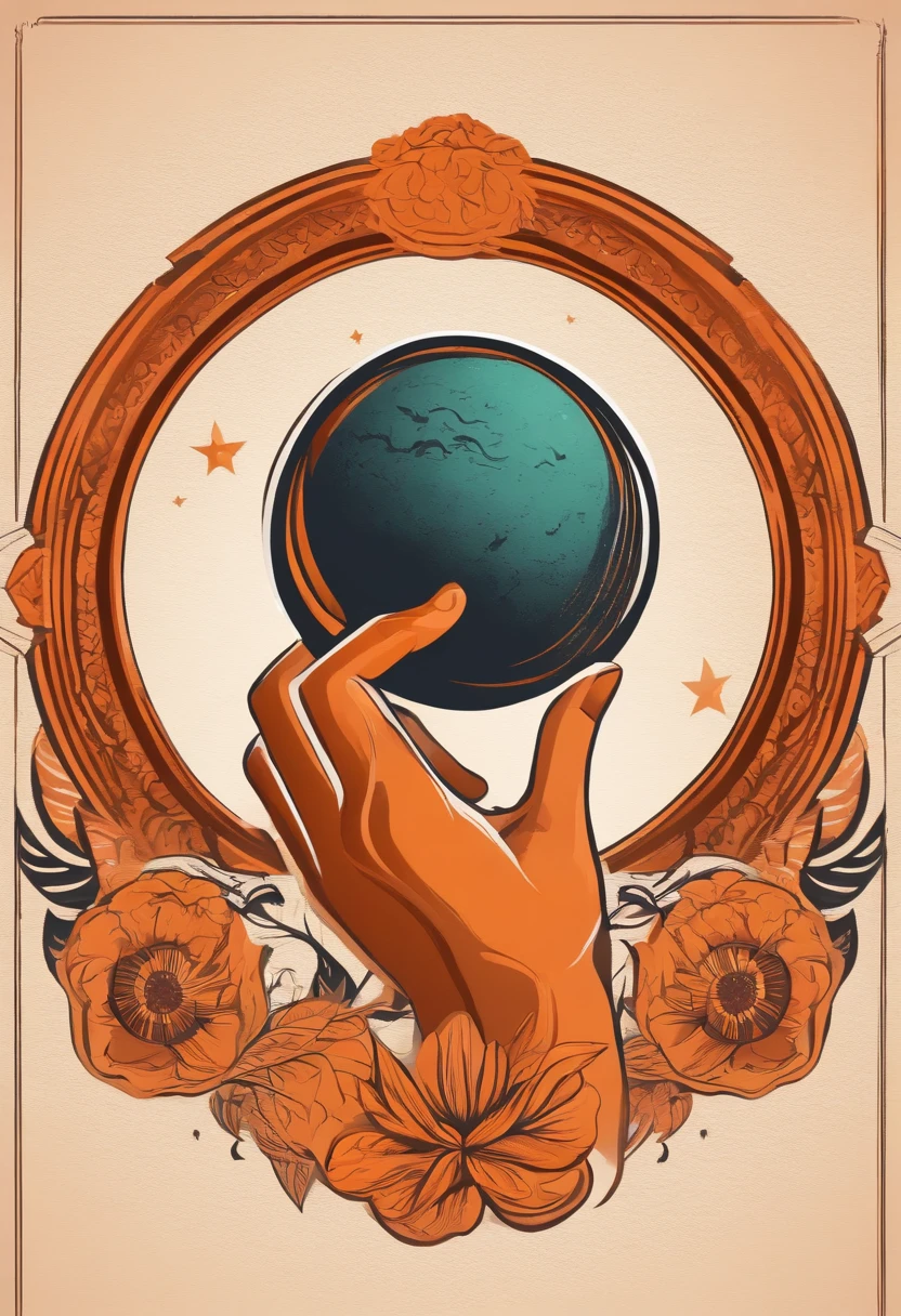 boho style logo, hand holding an orange style planet