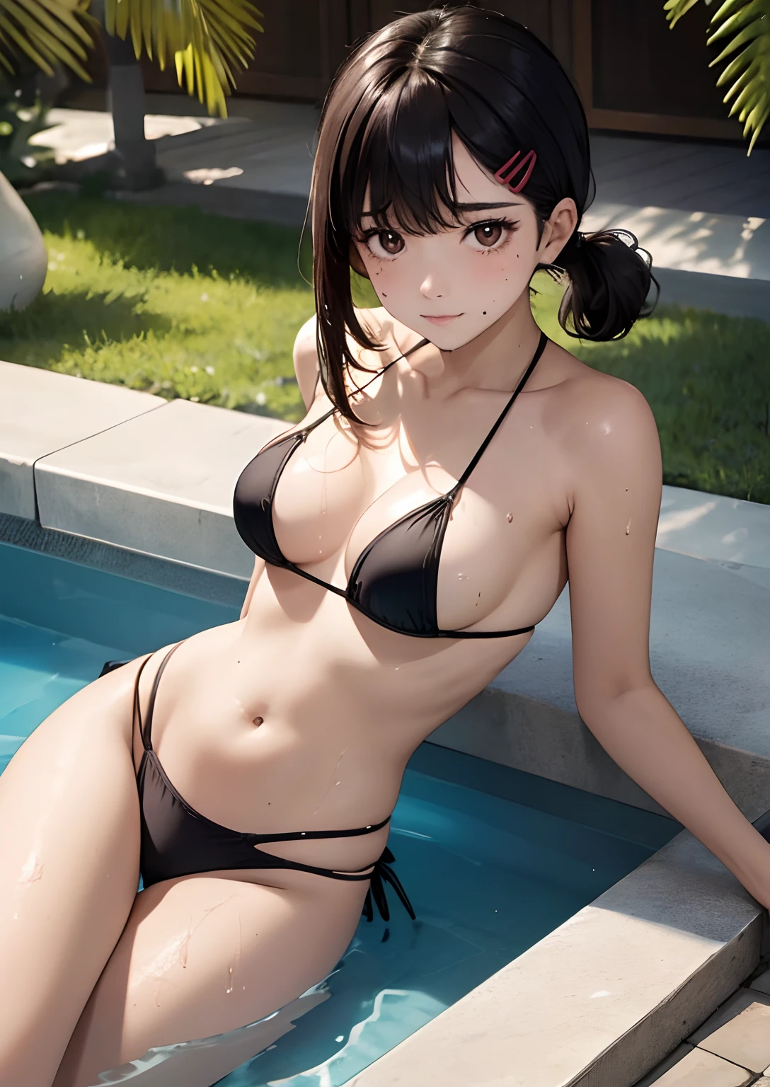 masterpiece, best quality, hi-res,, one girl, solo, brown eyes, medium hair, black hair, hair ornament, hairclip, mole, mole under eye,,, bangs, eyebrows, slingshot bikini, poolside, wet,