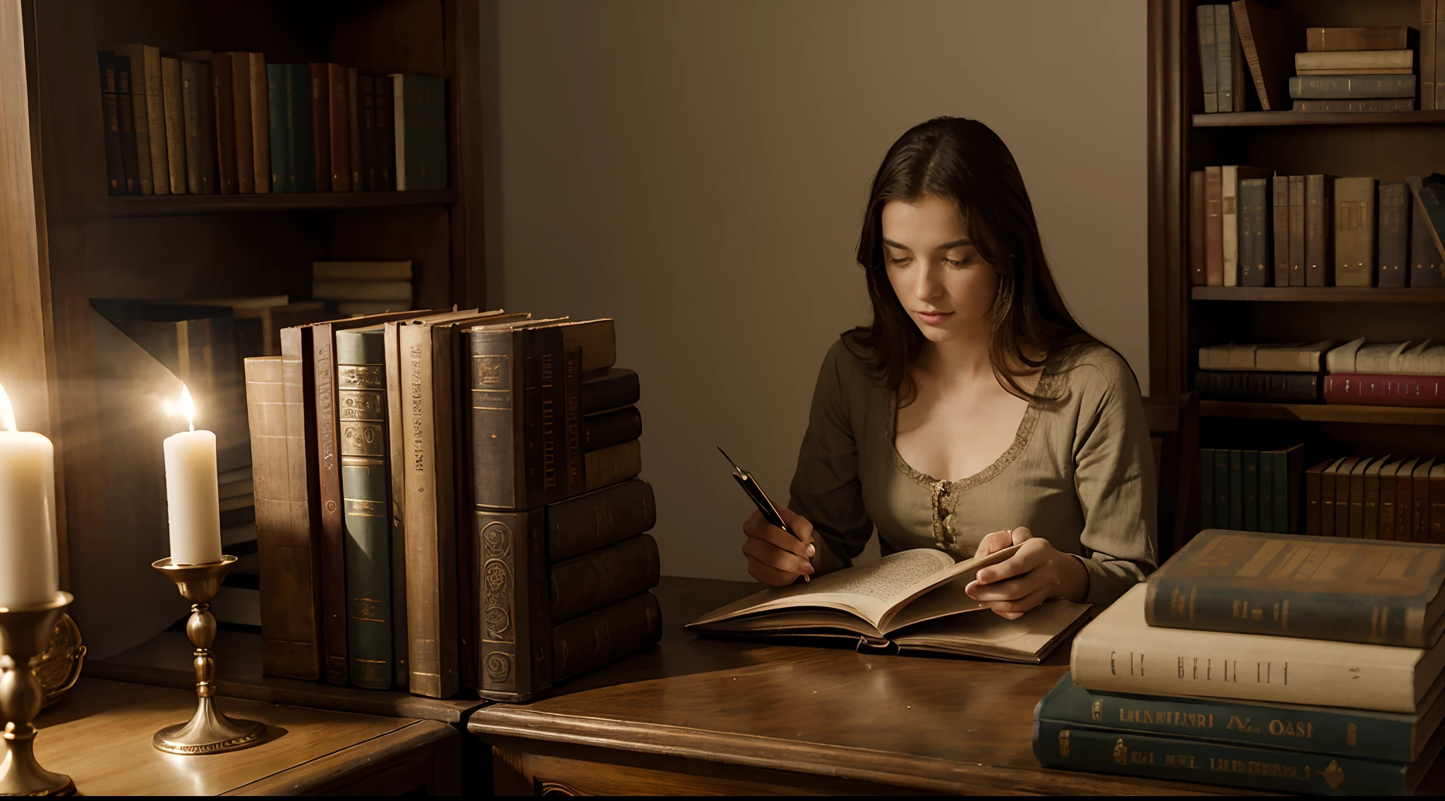 Antike Bibliothek, Lesesessel, Schreibtisch , Leselampe