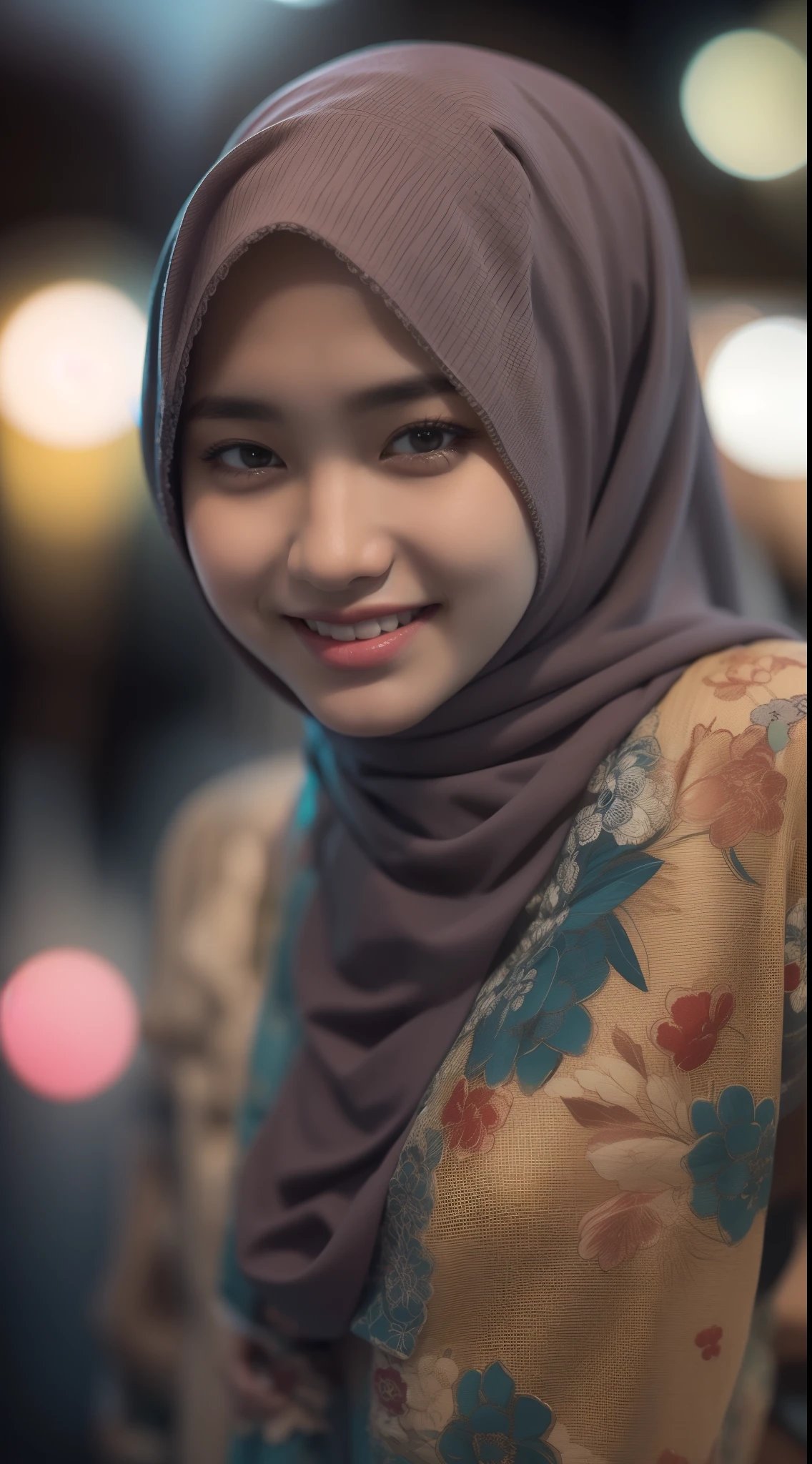 Malay girl in hijab wear small floral baju kurung malaysia in college, wear back pack, back view, detail skin, detail skin texture, mole below eyes, small breast, big hip, big waist, big round ass, big thigh, slim abs, beautiful body, nighttime, laughing, happy, bright lighting, college student in background, crowded college, blur background, bokeh,