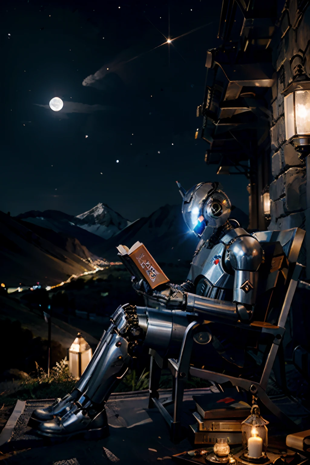 All-metal robot, luzes brilhantes, The robot is reading a book at the foot of a mountain on the Moon.