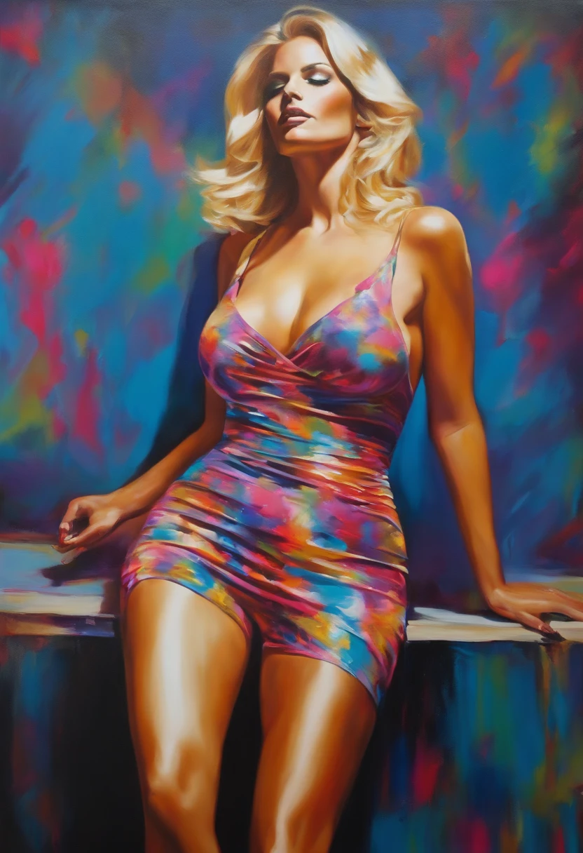 Pouring acrylic paint abstract painting, Hyper realistic portrait of beautiful glamorous blonde woman with big breasts blended with acrylic paint, Her arms and legs are spread out like this, that her body forms a cross, in the style of Andy Warhol, brooding, Intense neon light