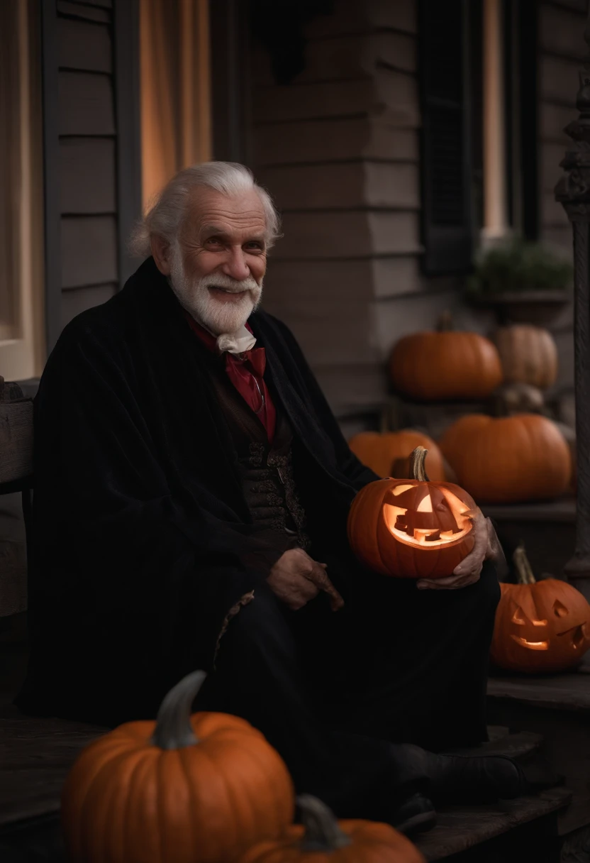 a closeup of a bad old man dressed as a vampire, smiling, detailed face, realistic skin texture, carving a pumpkin on a porch, night, halloween, masterpiece, high quality, hyper realistic, 8k, canon 5d