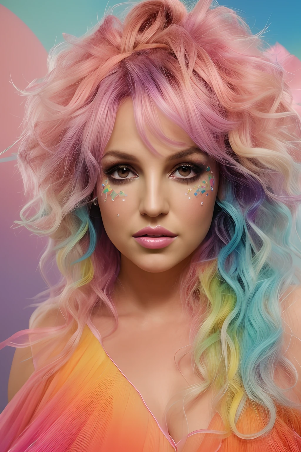 britney spears with colorful hair and makeup is posing for a photo, Creative ColorFull - Maquiagem, estilo de fantasia vibrante, maquiagem criativa, tintura de cabelo de dois tons, maquiagem rave colorida, alta textura colorida, dramatic hair color, olhar feroz e selvagem, vibrant pastel colors, olhar feroz, linda, tons de laranja e azul, retrato da fantasia, melhor qualidade, realista, realista, Award-Winning Illustration, (rosto altamente detalhado e textura da pele), (corpo inteiro), (detalhe complicado: 1.2), (detalhe fino), (detalhe complicado), (cinematic lights, luz de fundo de melhor qualidade), lines sharp, foco nítido, Arte Oficial, unidade 8k papel de parede , ultra realista, muito realista, Absurdo, inacreditavelmente realista absurdo, tamanho de arquivo enorme, ultra- real, Arte de realista, RTX,((Foto de encerramento-up by award-winning studio)), , (cale a boca), , perfect hands, lindos olhos detalhados, rosto perfeito, corpo perfeito, detalhes ultra realista.